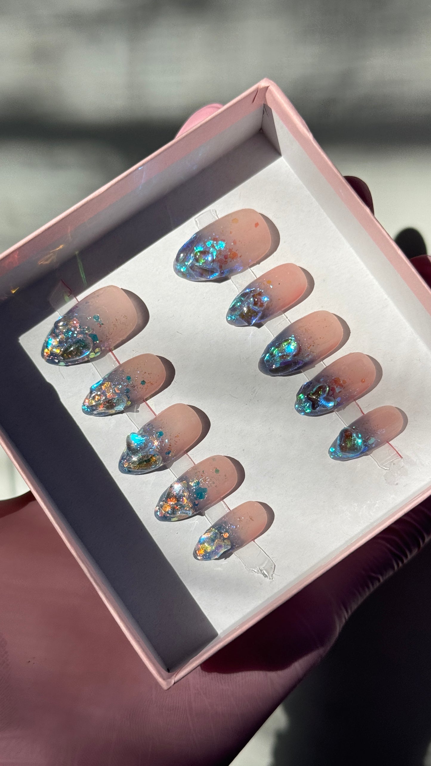 Stunning Aurora Fire and Ice Iridescent Glitter Inspired Resusable Gel Press On Nails