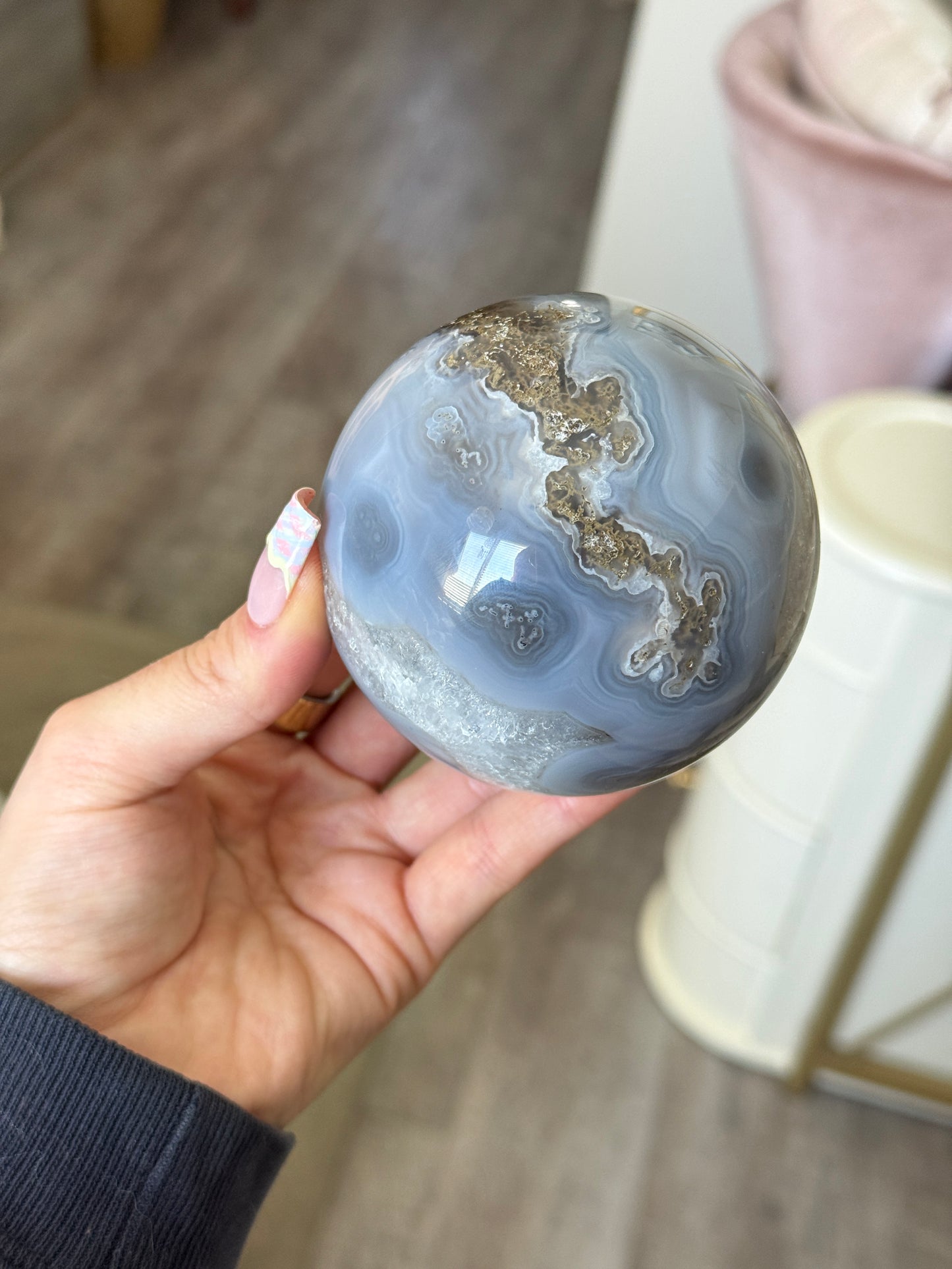 Moody Banded Agate with Quartz and Moss Agate Sphere