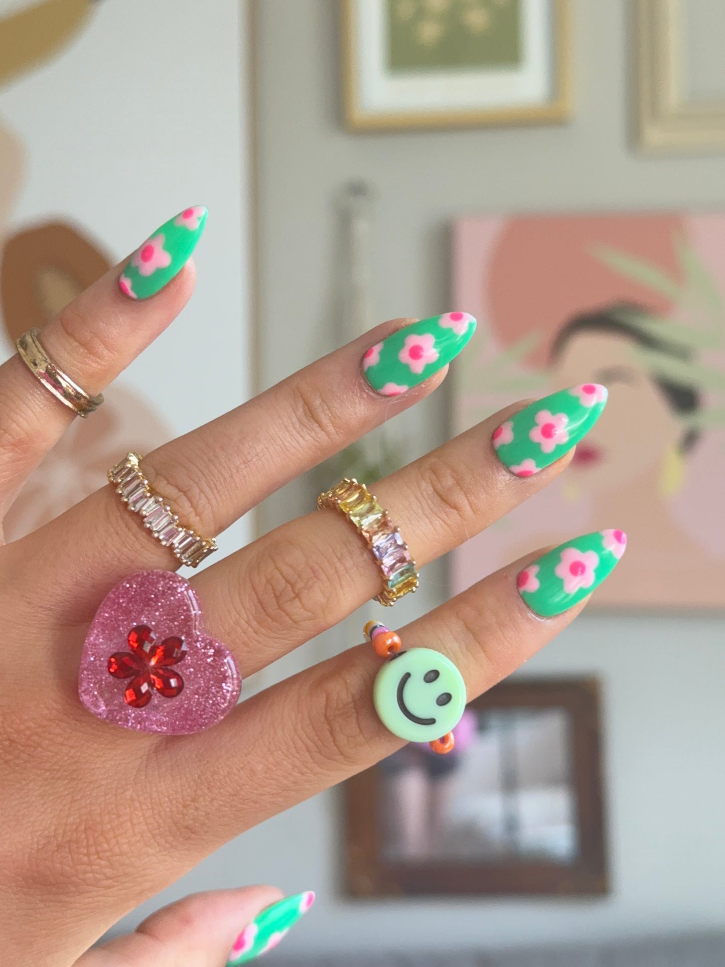 ‘Floral Friday’ Color Blocking Flower Print Reusable Gel Press on Nails