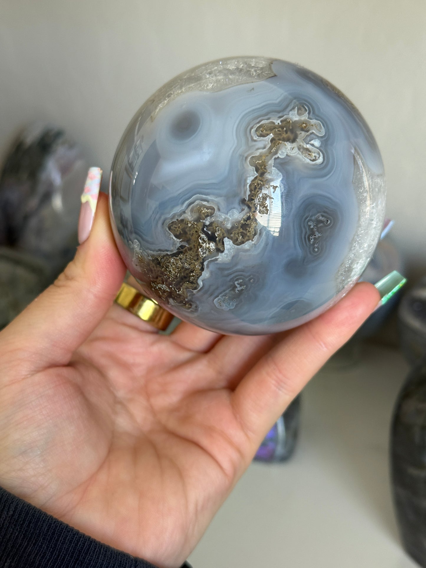 Moody Banded Agate with Quartz and Moss Agate Sphere
