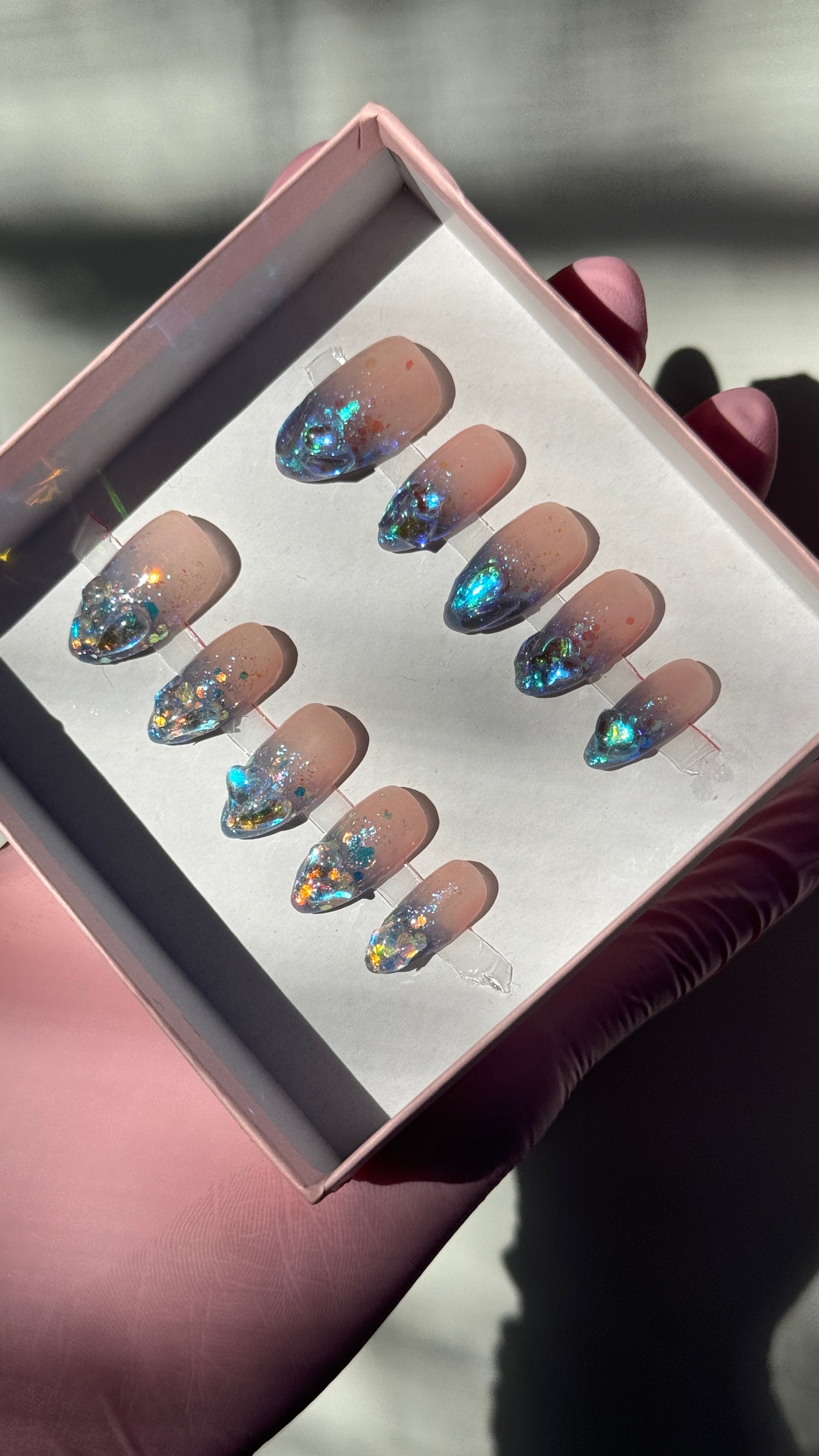 Stunning Aurora Fire and Ice Iridescent Glitter Inspired Resusable Gel Press On Nails