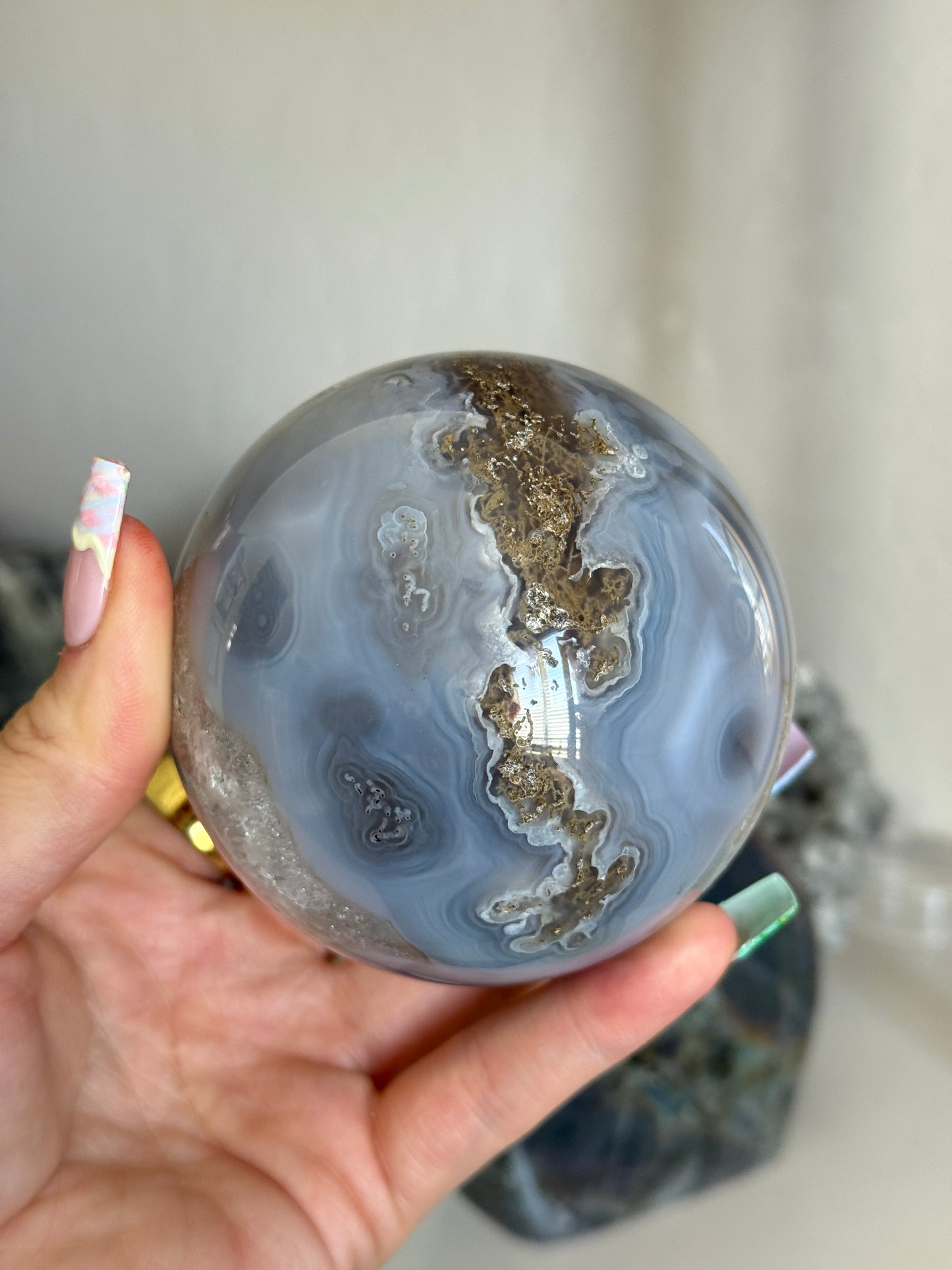 Moody Banded Agate with Quartz and Moss Agate Sphere