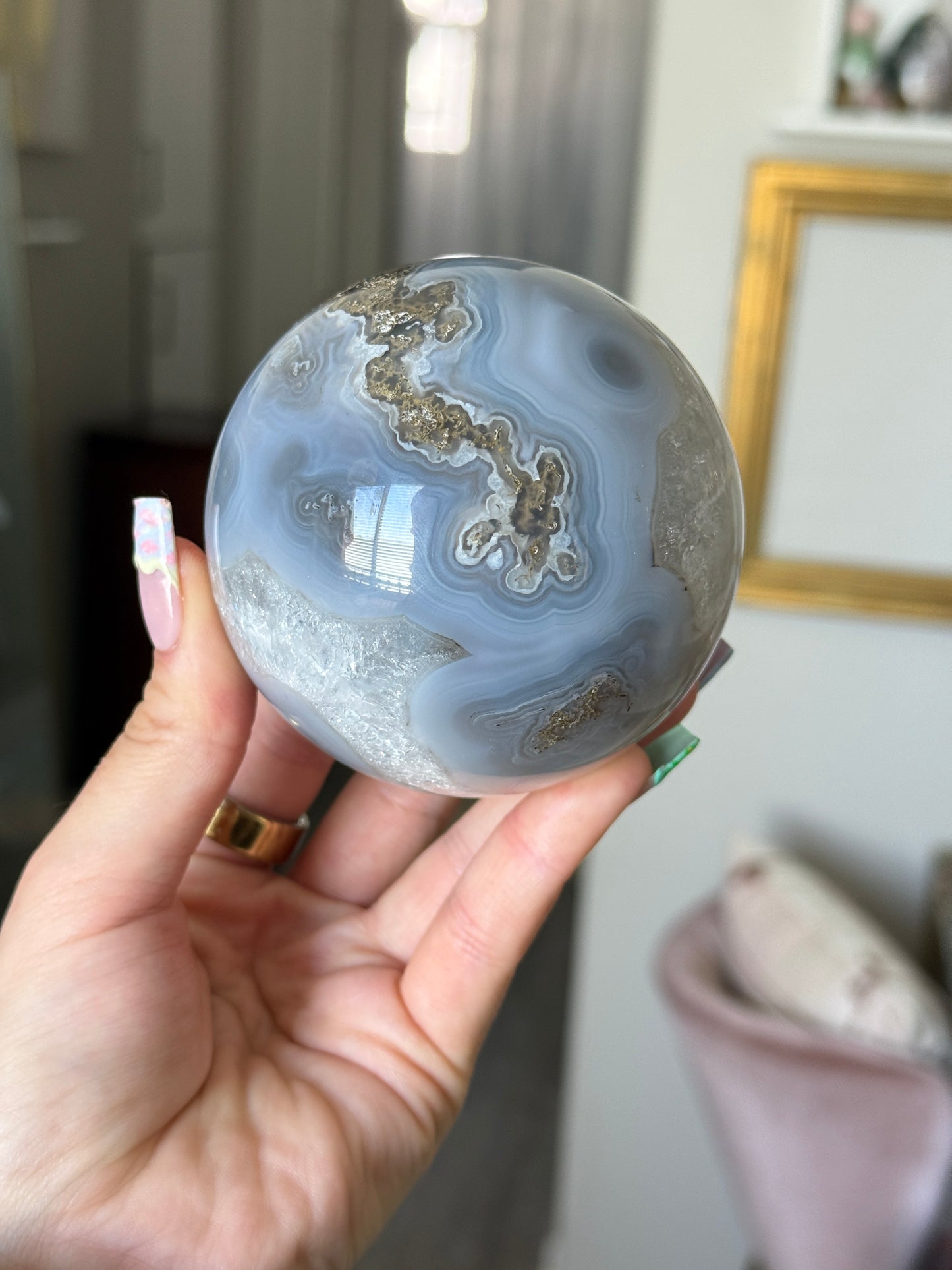 Moody Banded Agate with Quartz and Moss Agate Sphere