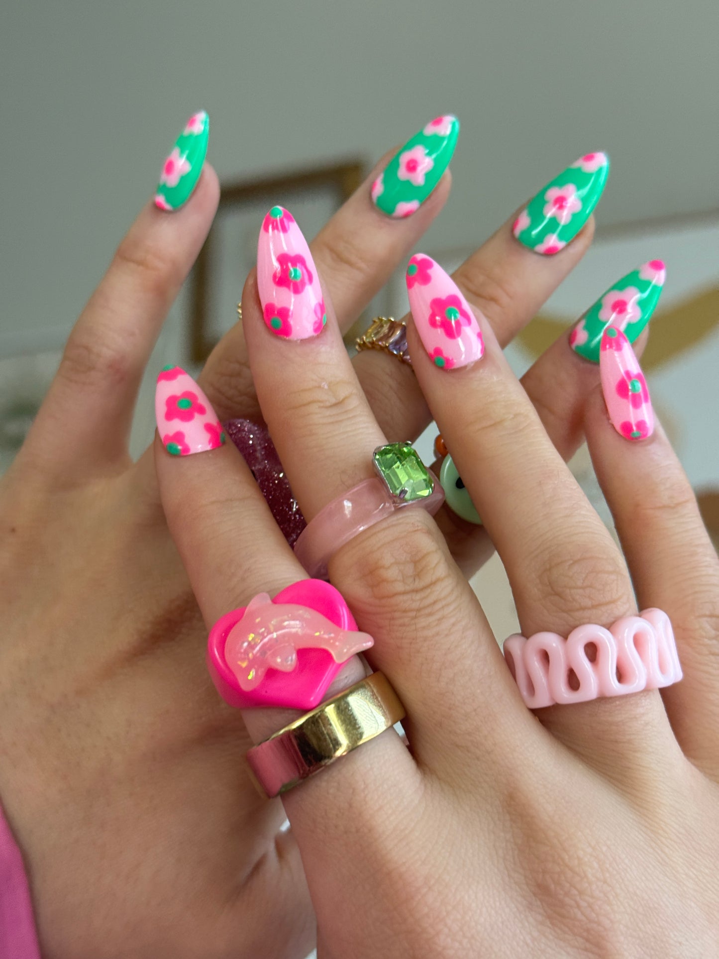 ‘Floral Friday’ Color Blocking Flower Print Reusable Gel Press on Nails