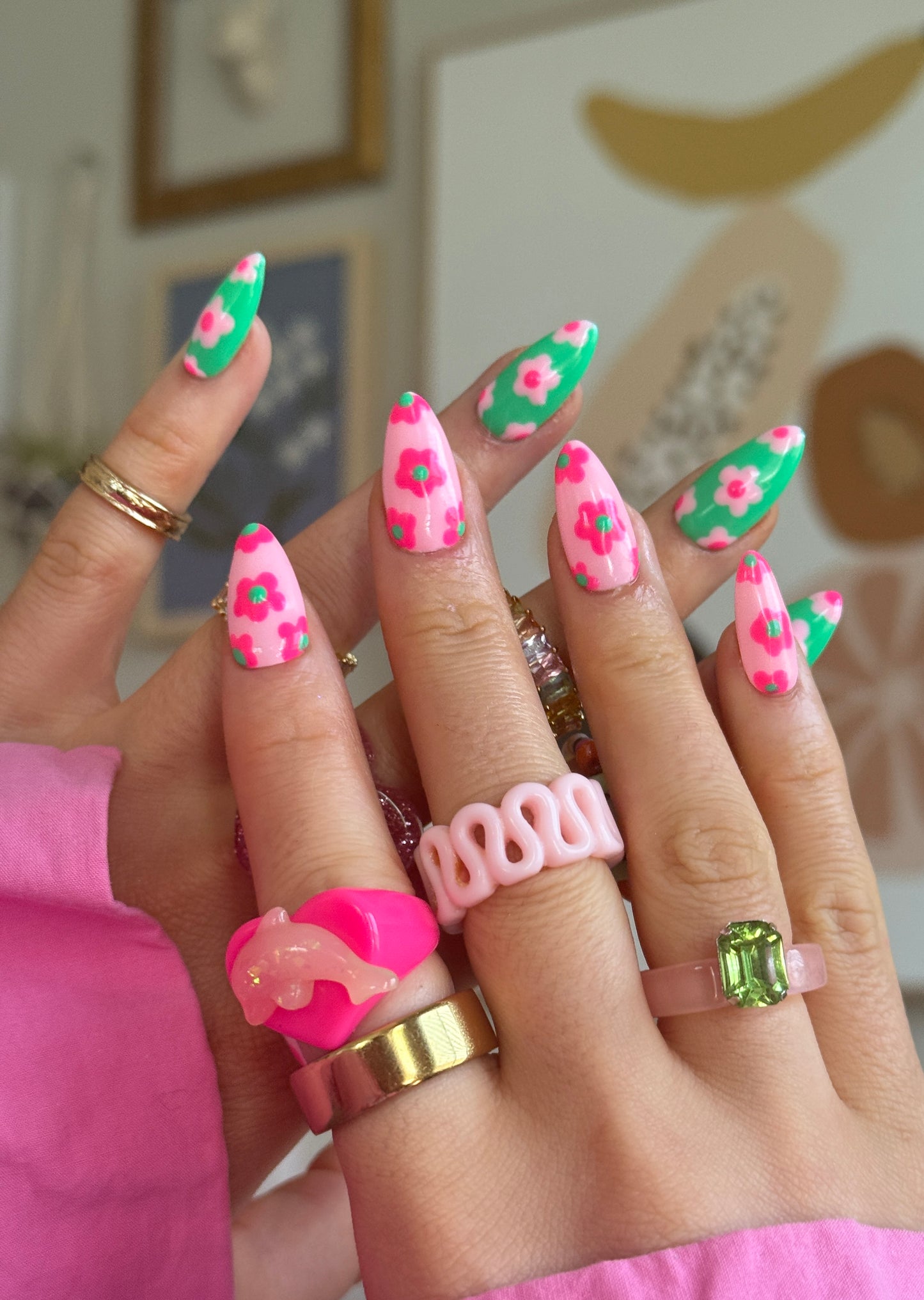 ‘Floral Friday’ Color Blocking Flower Print Reusable Gel Press on Nails