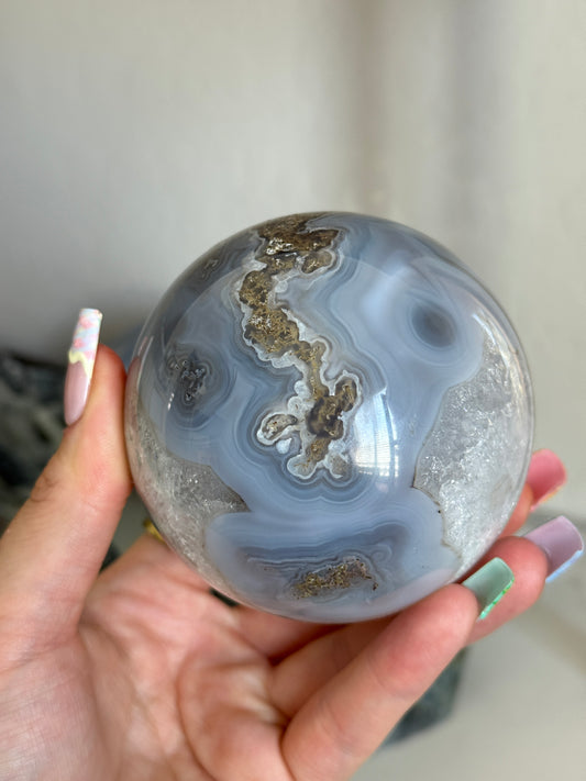 Moody Banded Agate with Quartz and Moss Agate Sphere