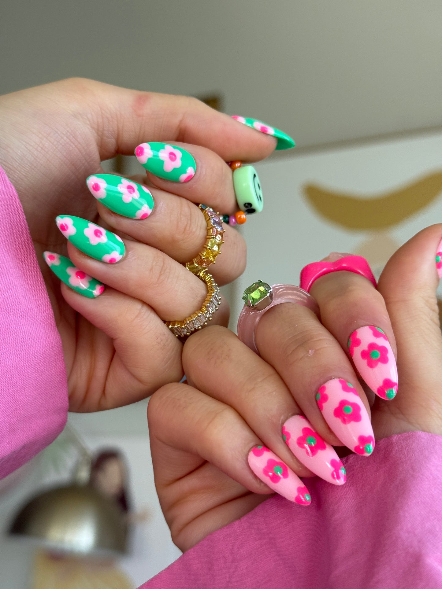 ‘Floral Friday’ Color Blocking Flower Print Reusable Gel Press on Nails