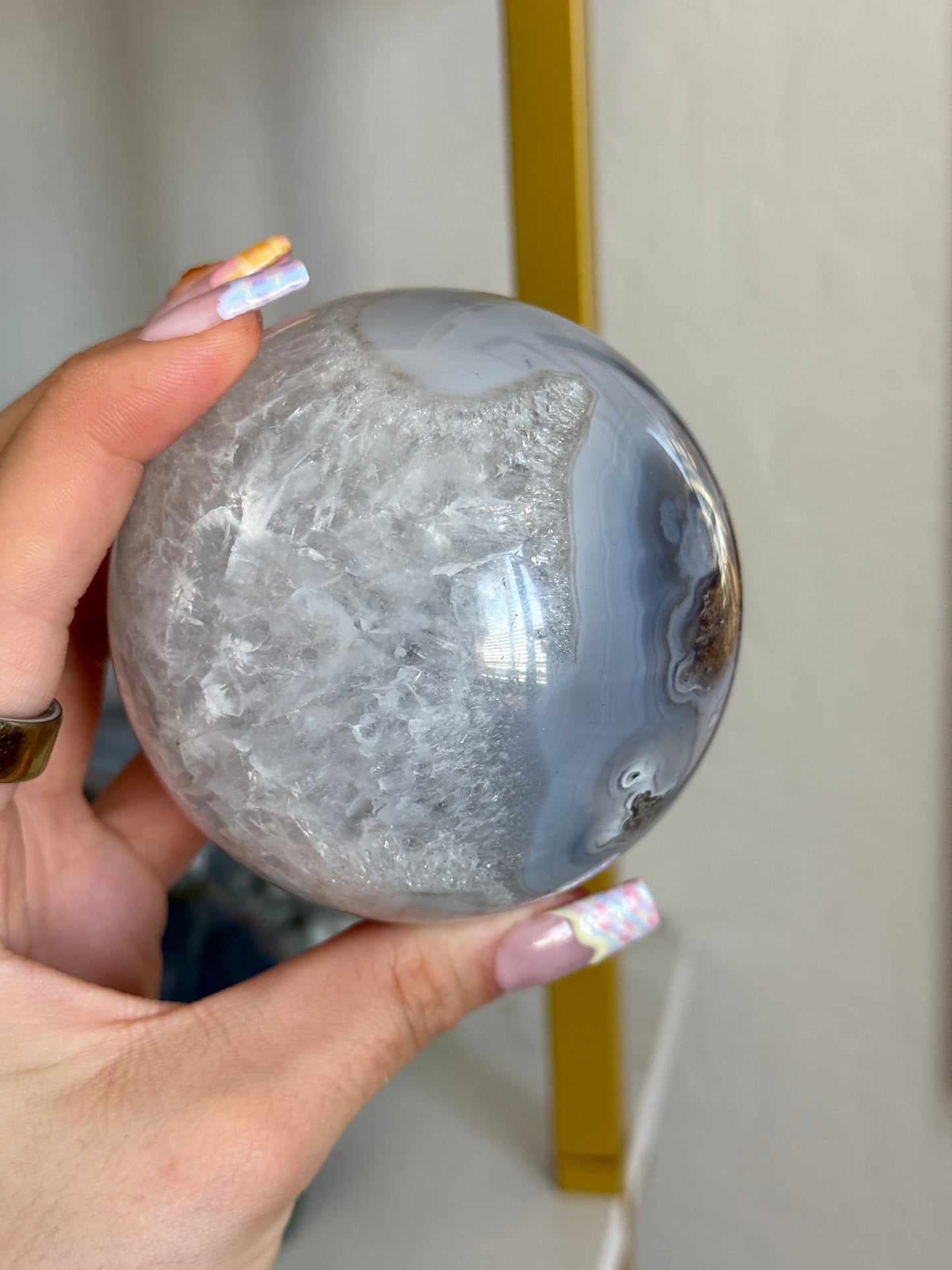 Moody Banded Agate with Quartz and Moss Agate Sphere