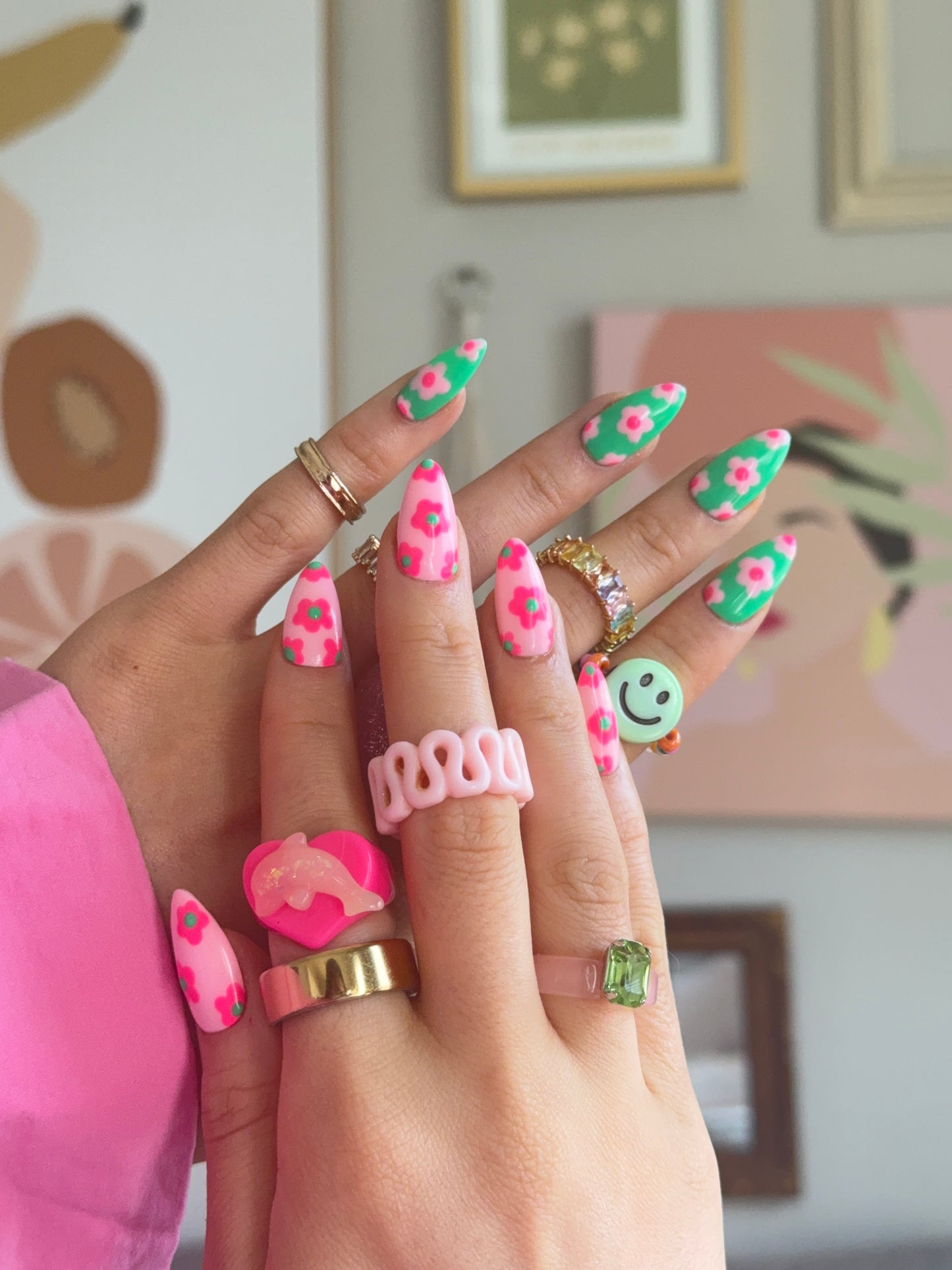 ‘Floral Friday’ Color Blocking Flower Print Reusable Gel Press on Nails