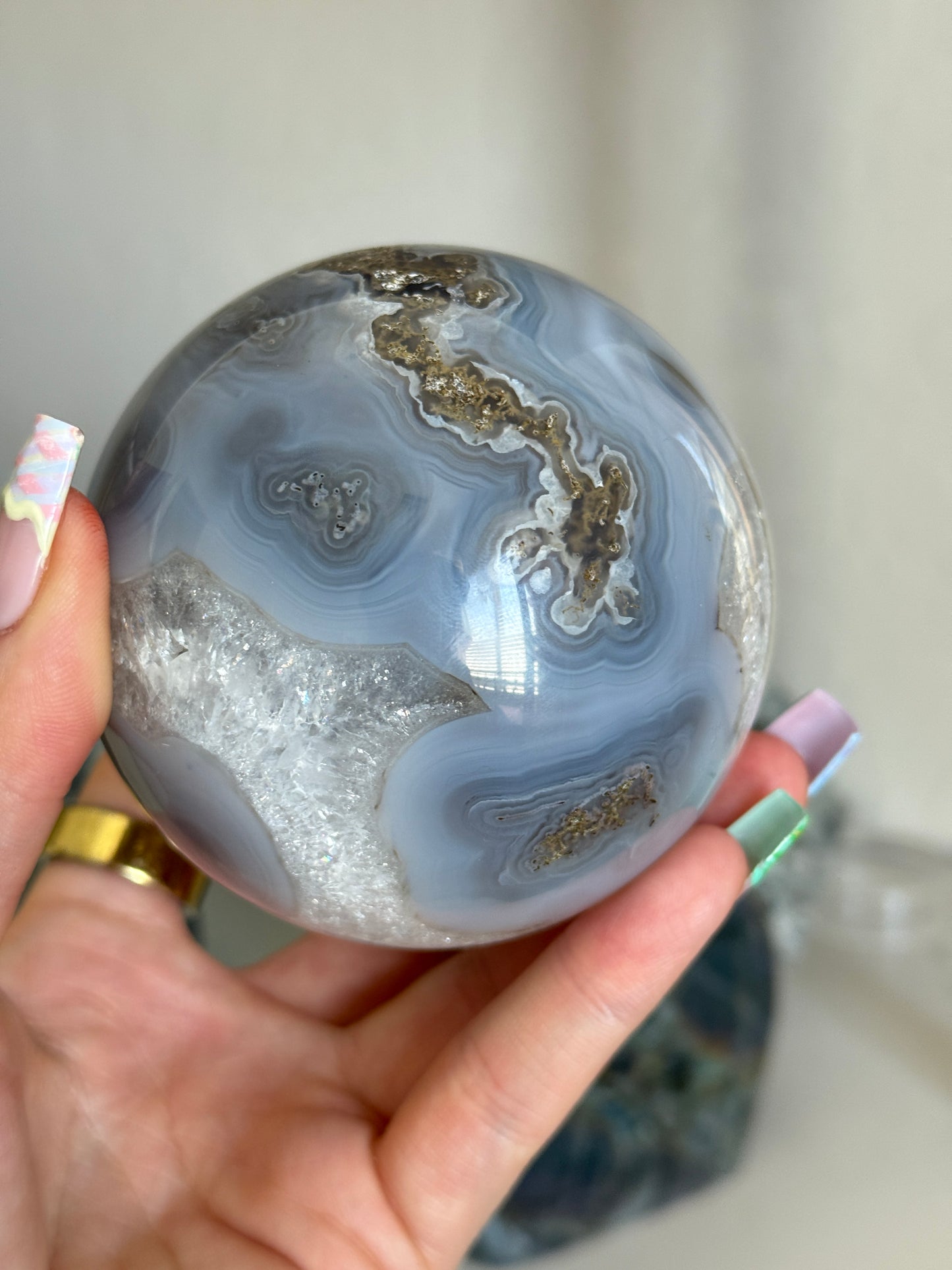 Moody Banded Agate with Quartz and Moss Agate Sphere