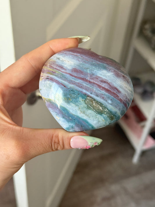 Gorgeous Rainbow Purple Teal Burgundy Striped Sea Jasper Heart
