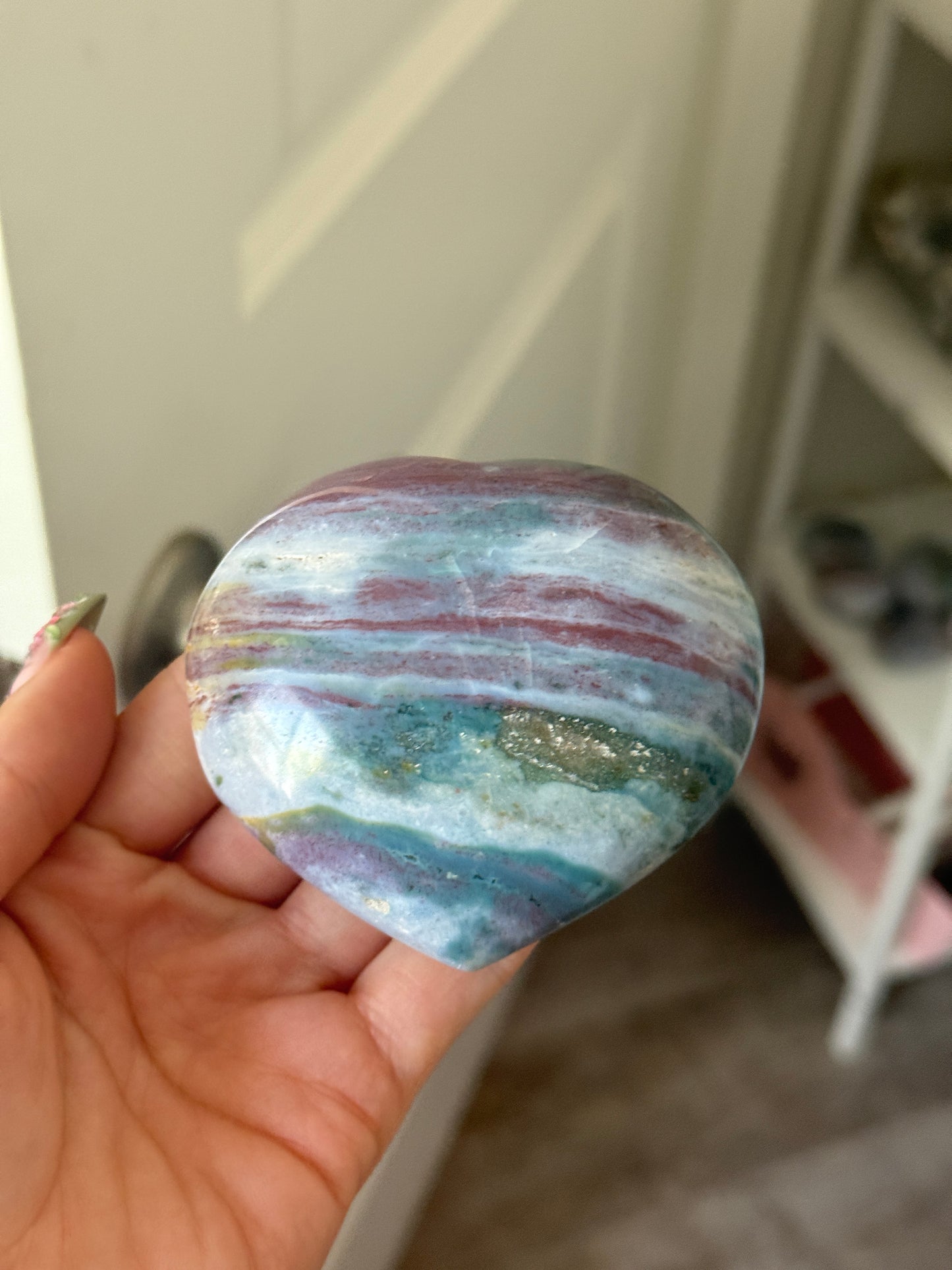 Gorgeous Rainbow Purple Teal Burgundy Striped Sea Jasper Heart