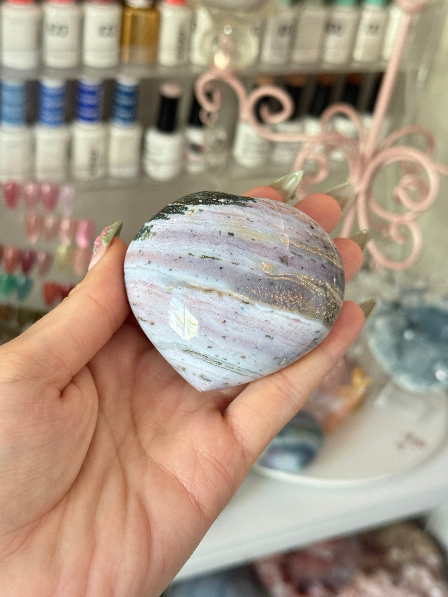 Gorgeous Forest Green and Berry Striped Sea Jasper Heart