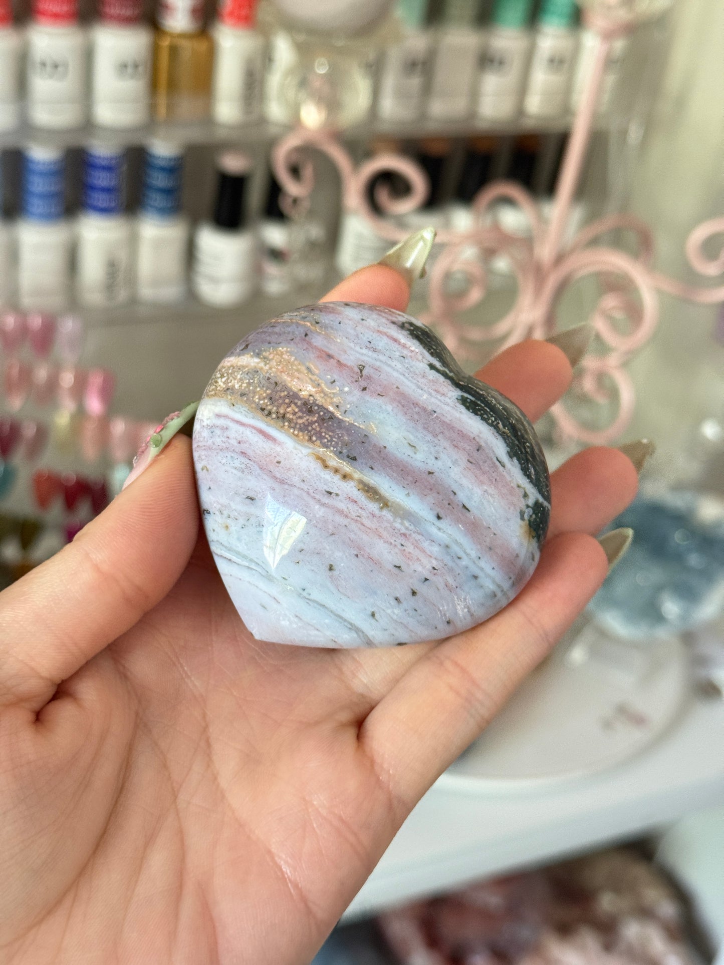 Gorgeous Forest Green and Berry Striped Sea Jasper Heart