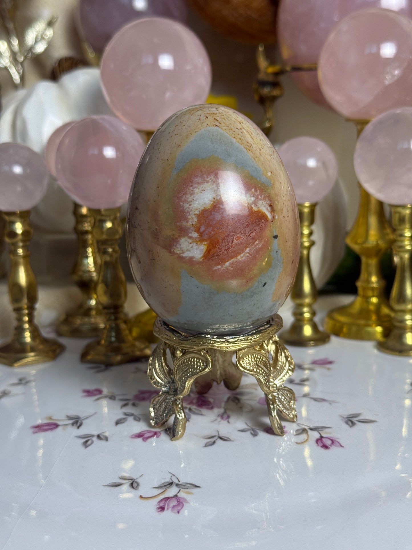 Raspberry Sage Toned Polychrome Jasper Egg 🎀 (stand included)