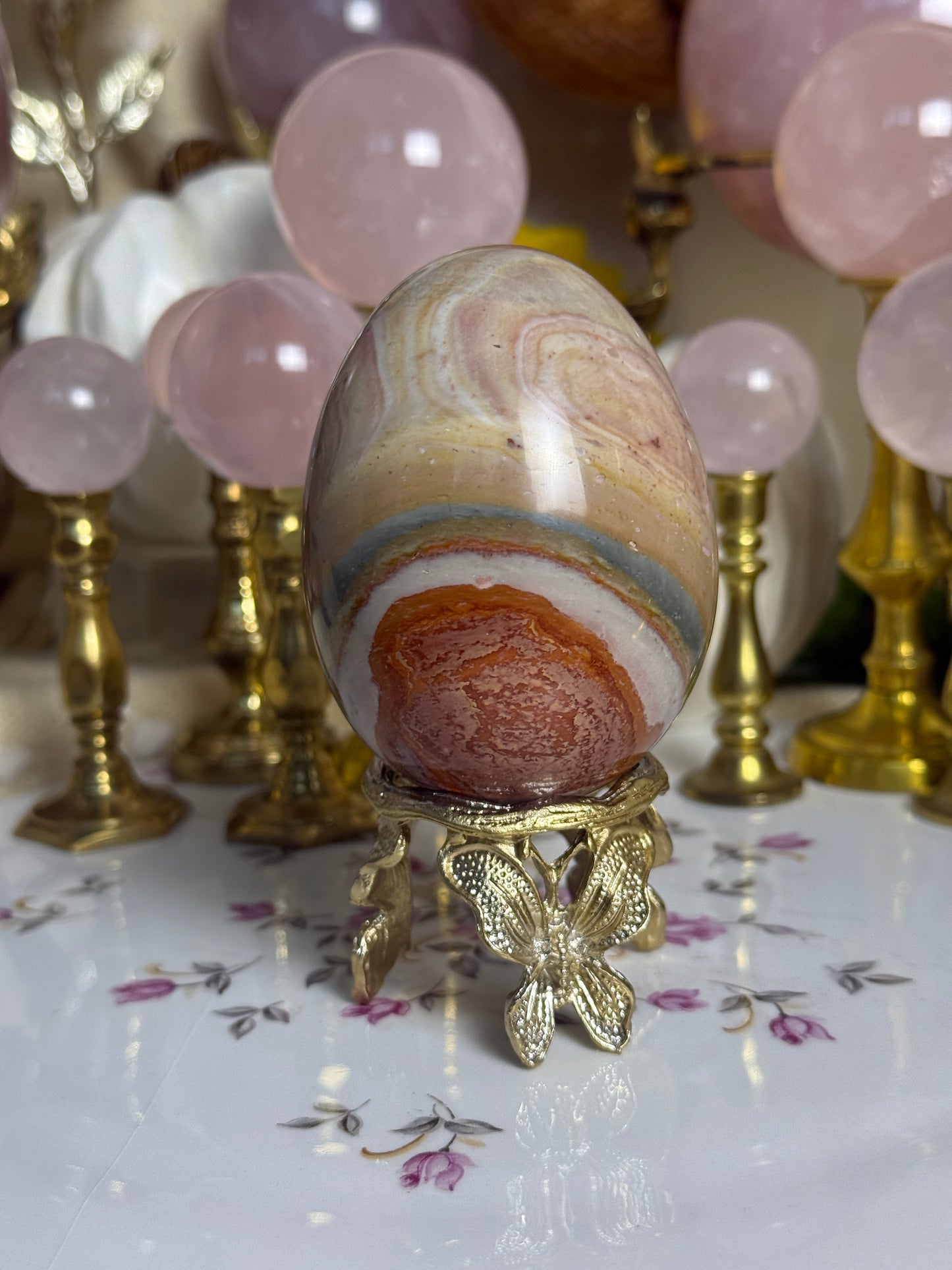 Raspberry Sage Toned Polychrome Jasper Egg 🎀 (stand included)