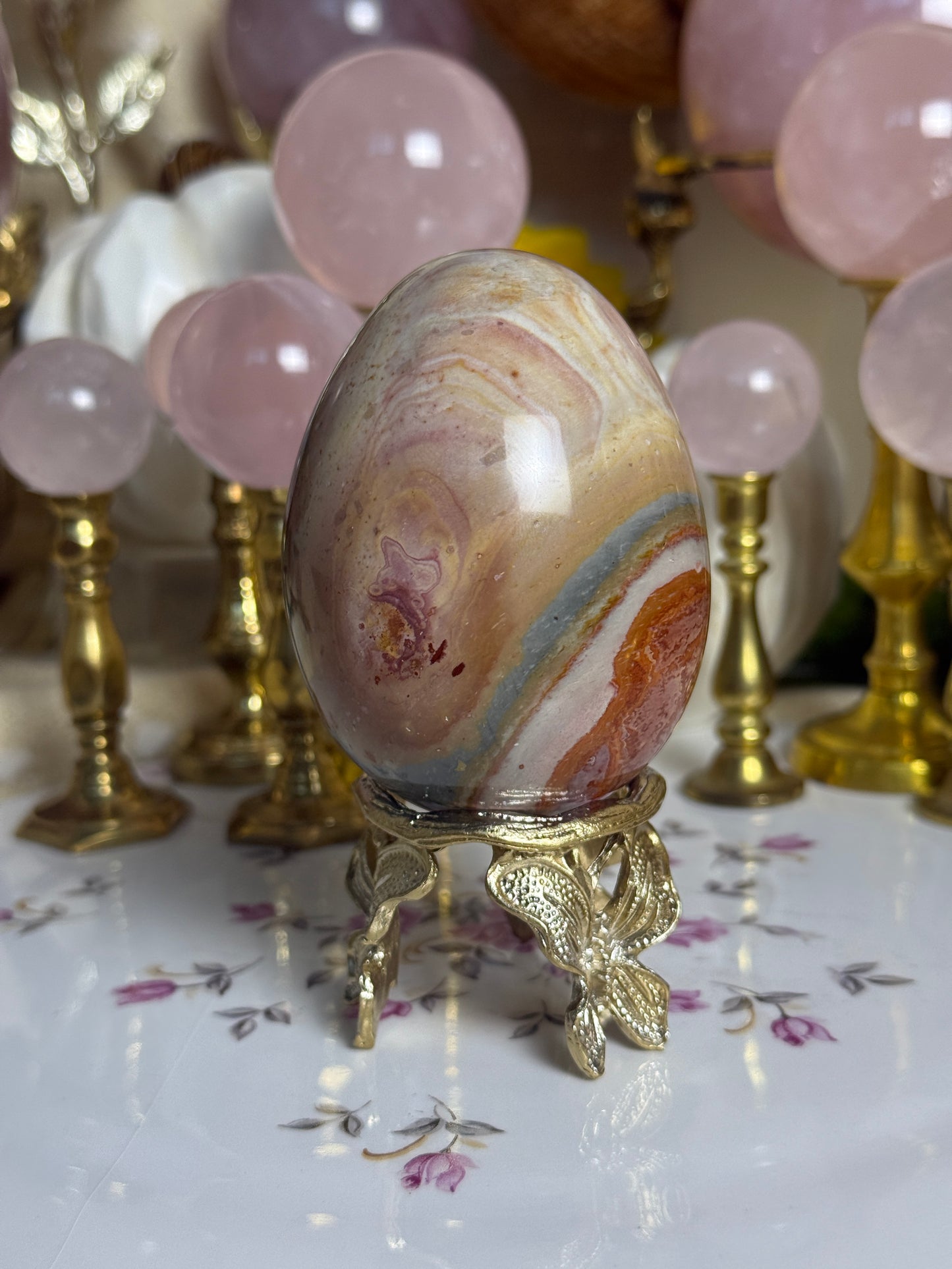 Raspberry Sage Toned Polychrome Jasper Egg 🎀 (stand included)