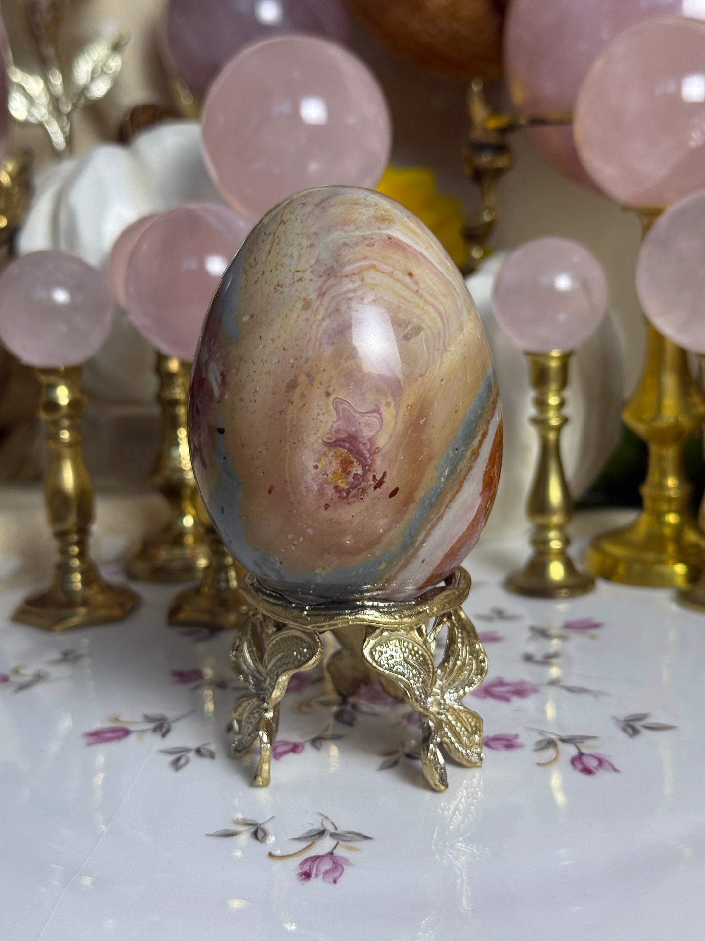 Raspberry Sage Toned Polychrome Jasper Egg 🎀 (stand included)