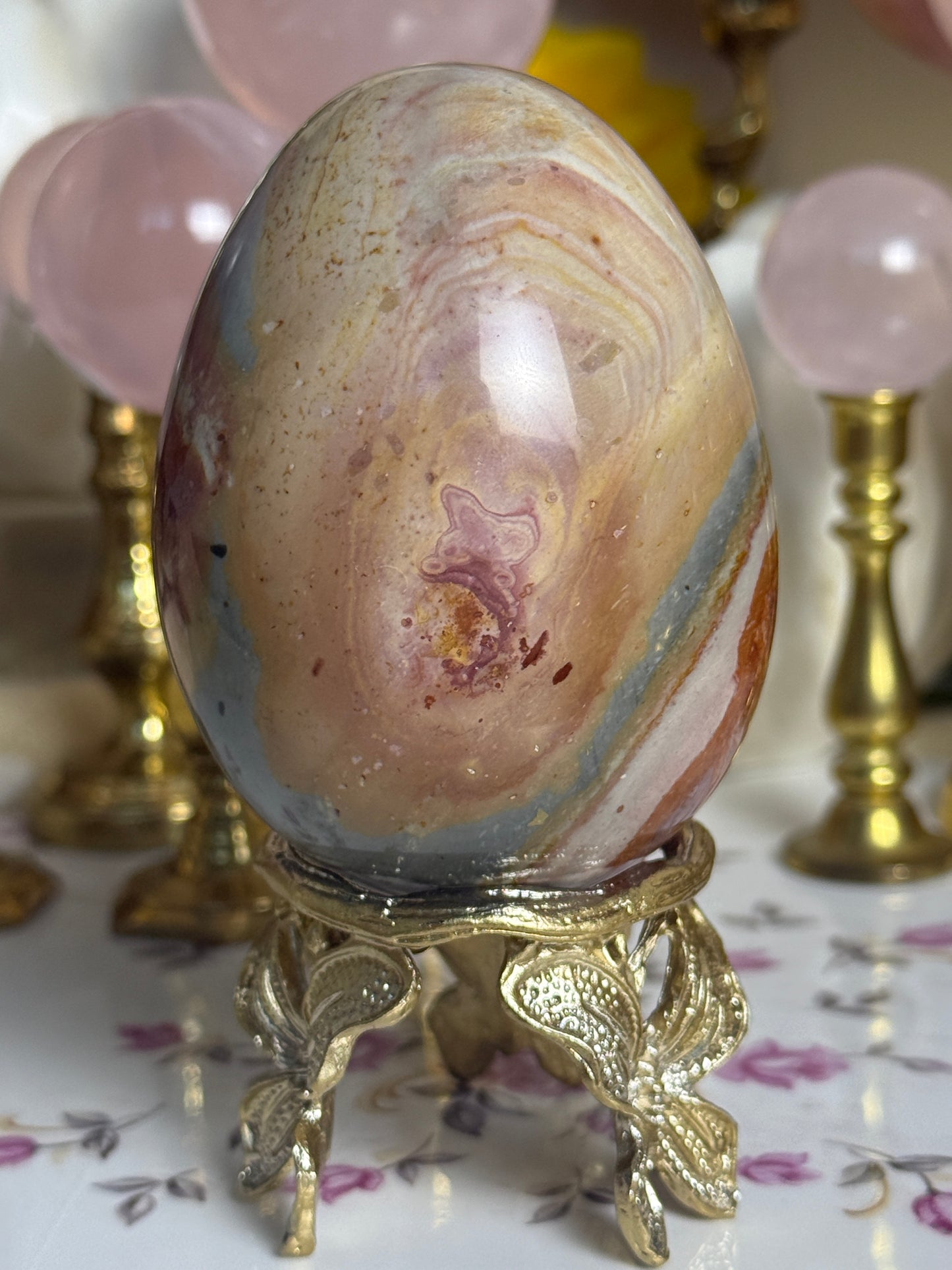 Raspberry Sage Toned Polychrome Jasper Egg 🎀 (stand included)