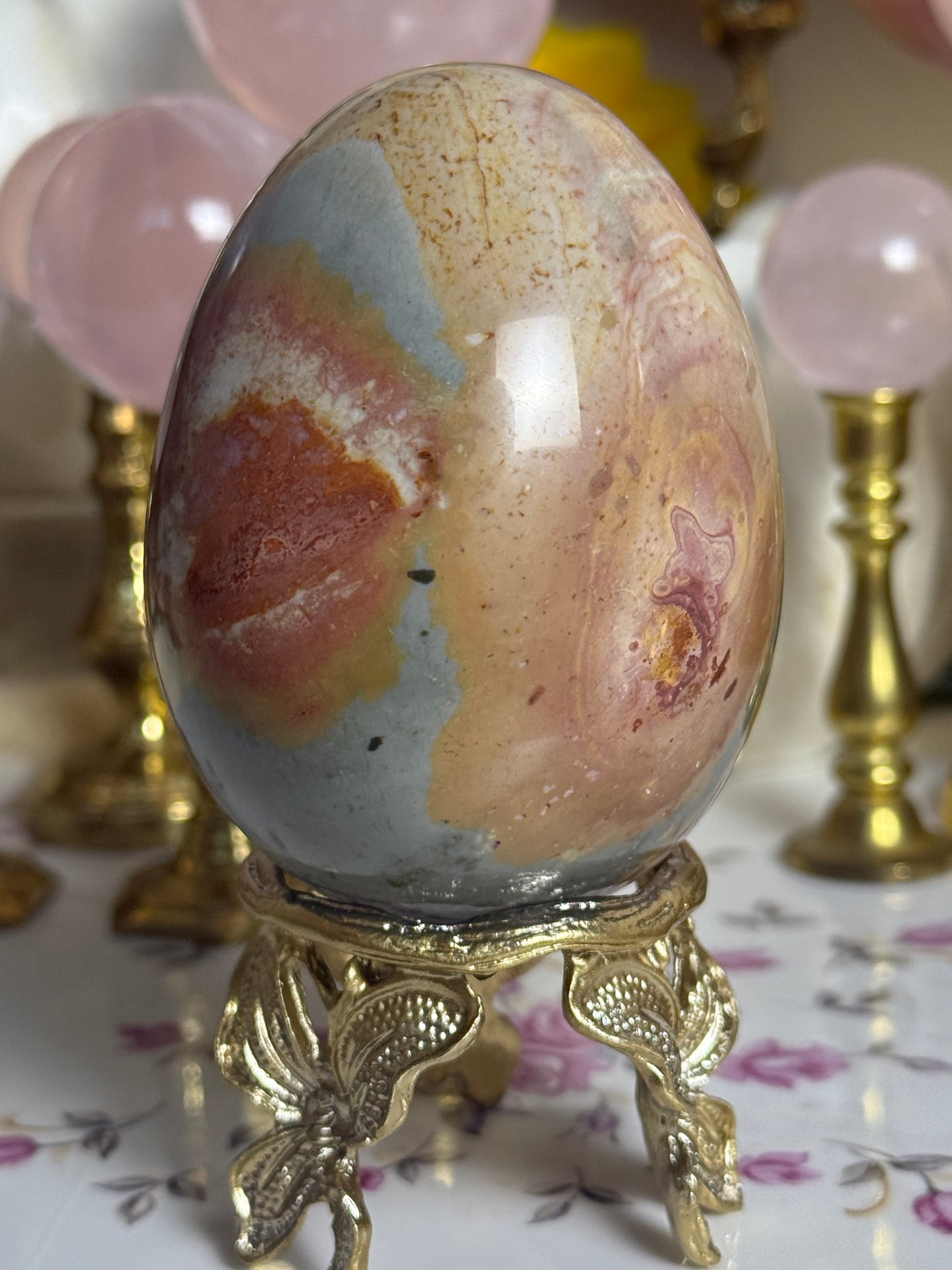 Raspberry Sage Toned Polychrome Jasper Egg 🎀 (stand included)