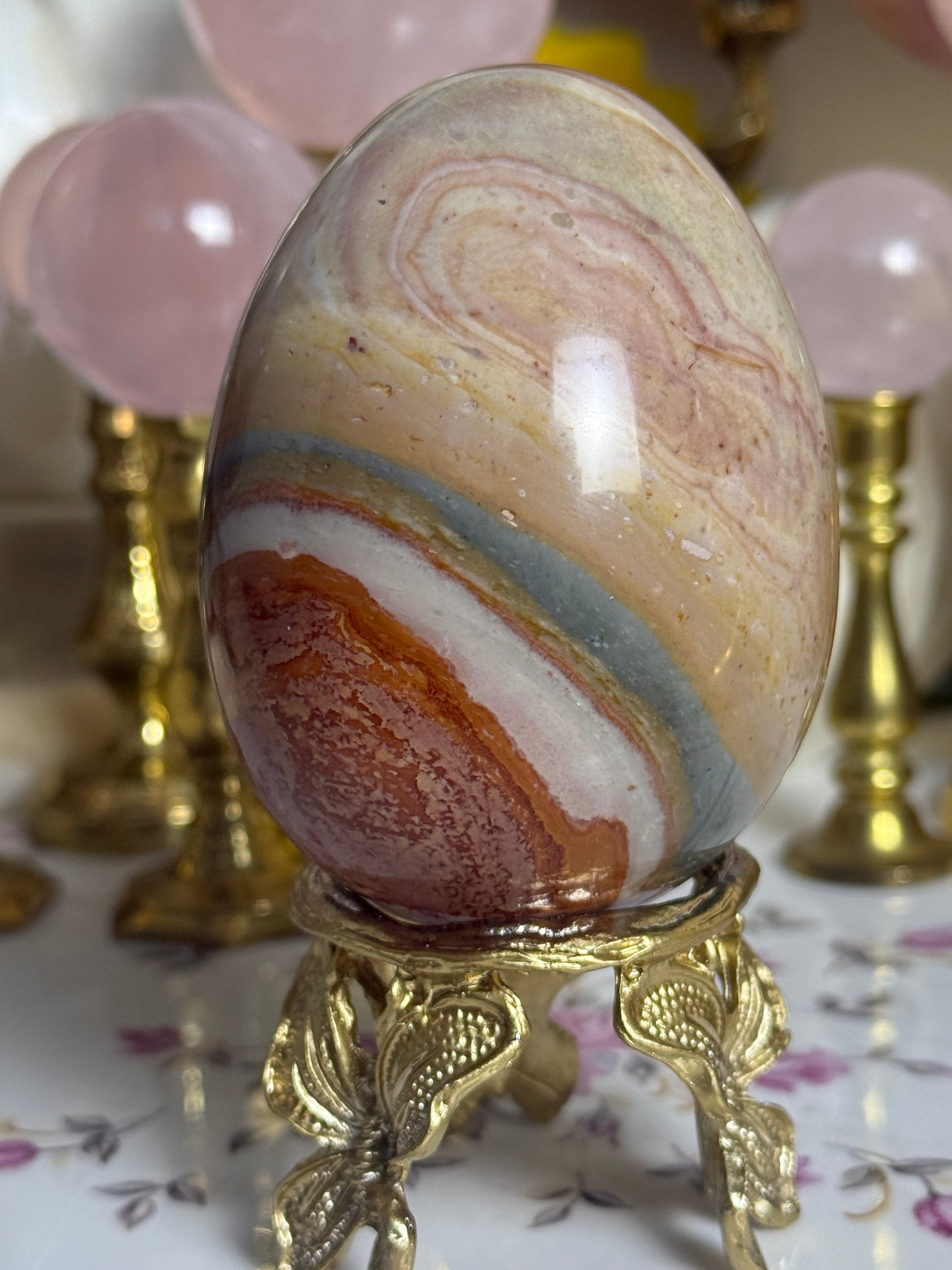 Raspberry Sage Toned Polychrome Jasper Egg 🎀 (stand included)