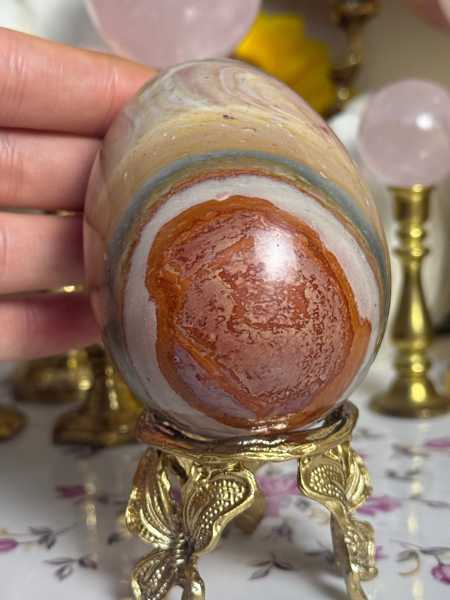 Raspberry Sage Toned Polychrome Jasper Egg 🎀 (stand included)