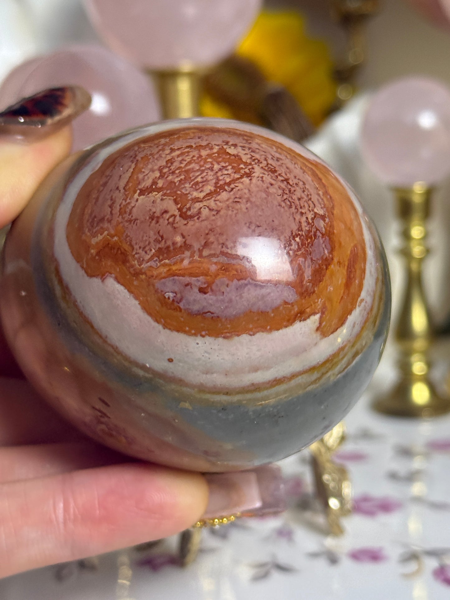 Raspberry Sage Toned Polychrome Jasper Egg 🎀 (stand included)