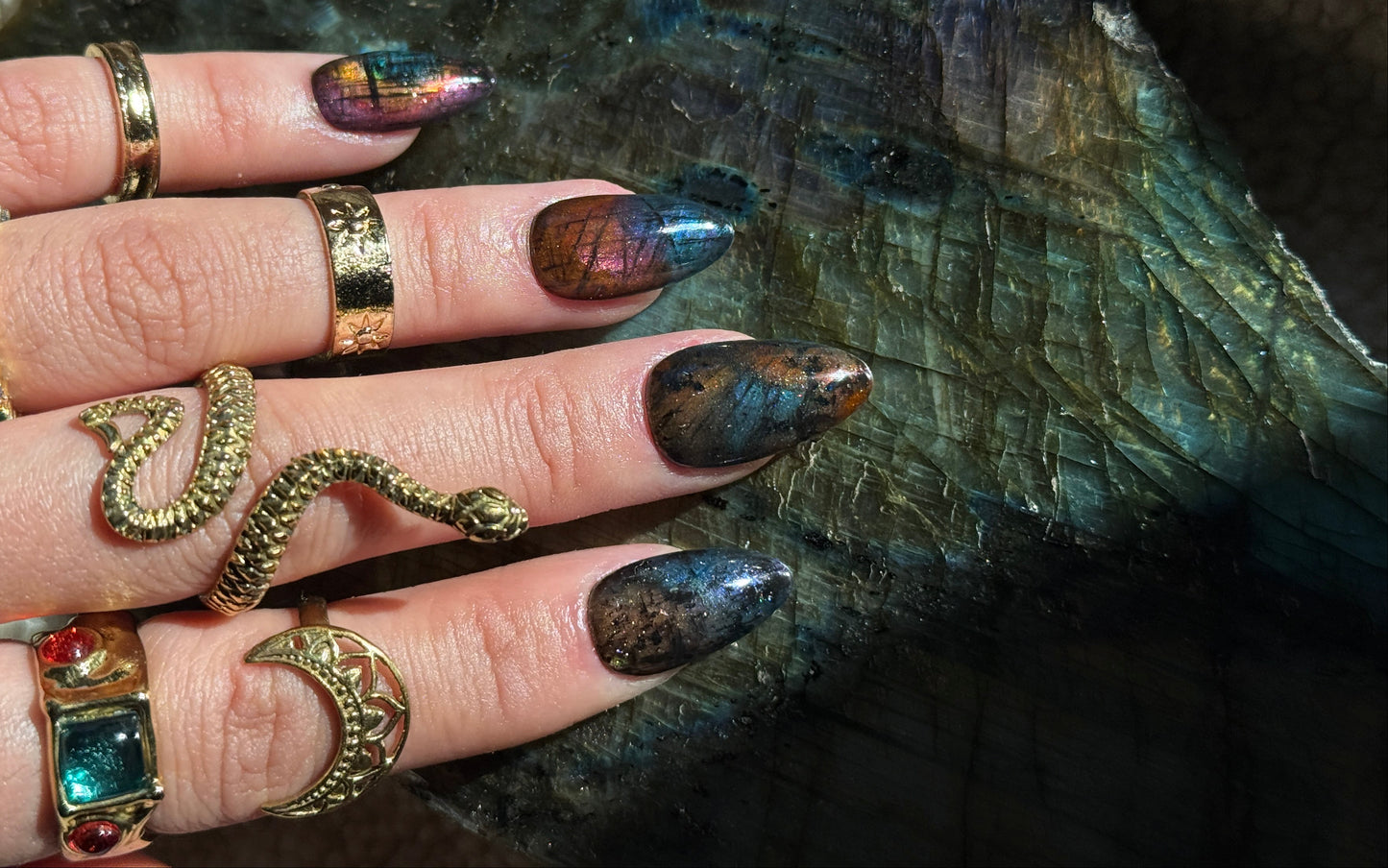 Rainbow Labradorite Inspired Reusable Press on Nails