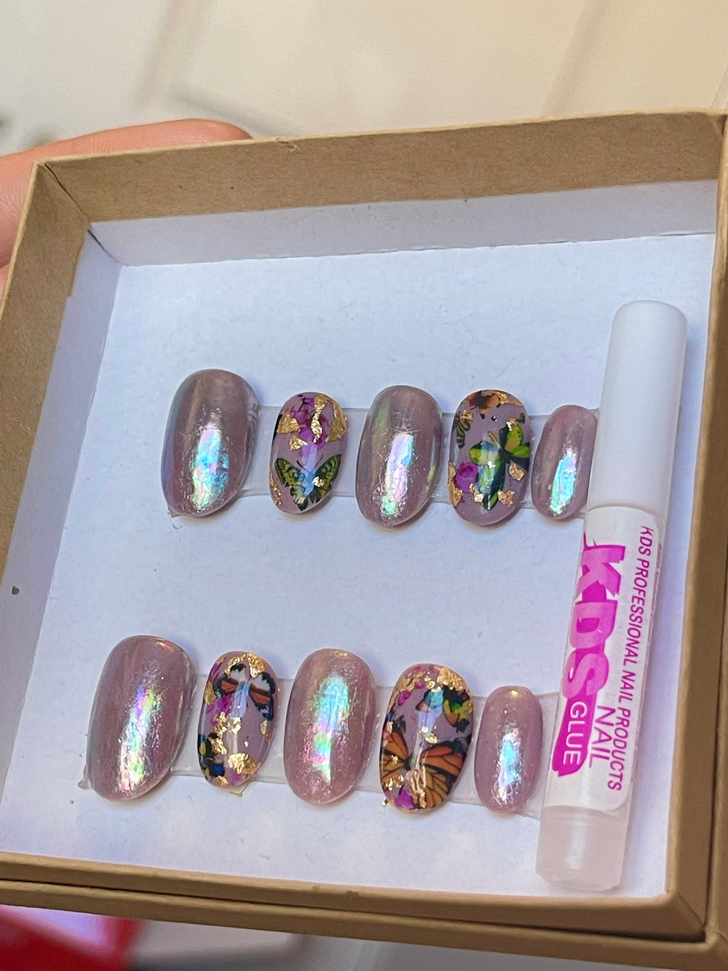 Holographic butterfly lavender press on nails