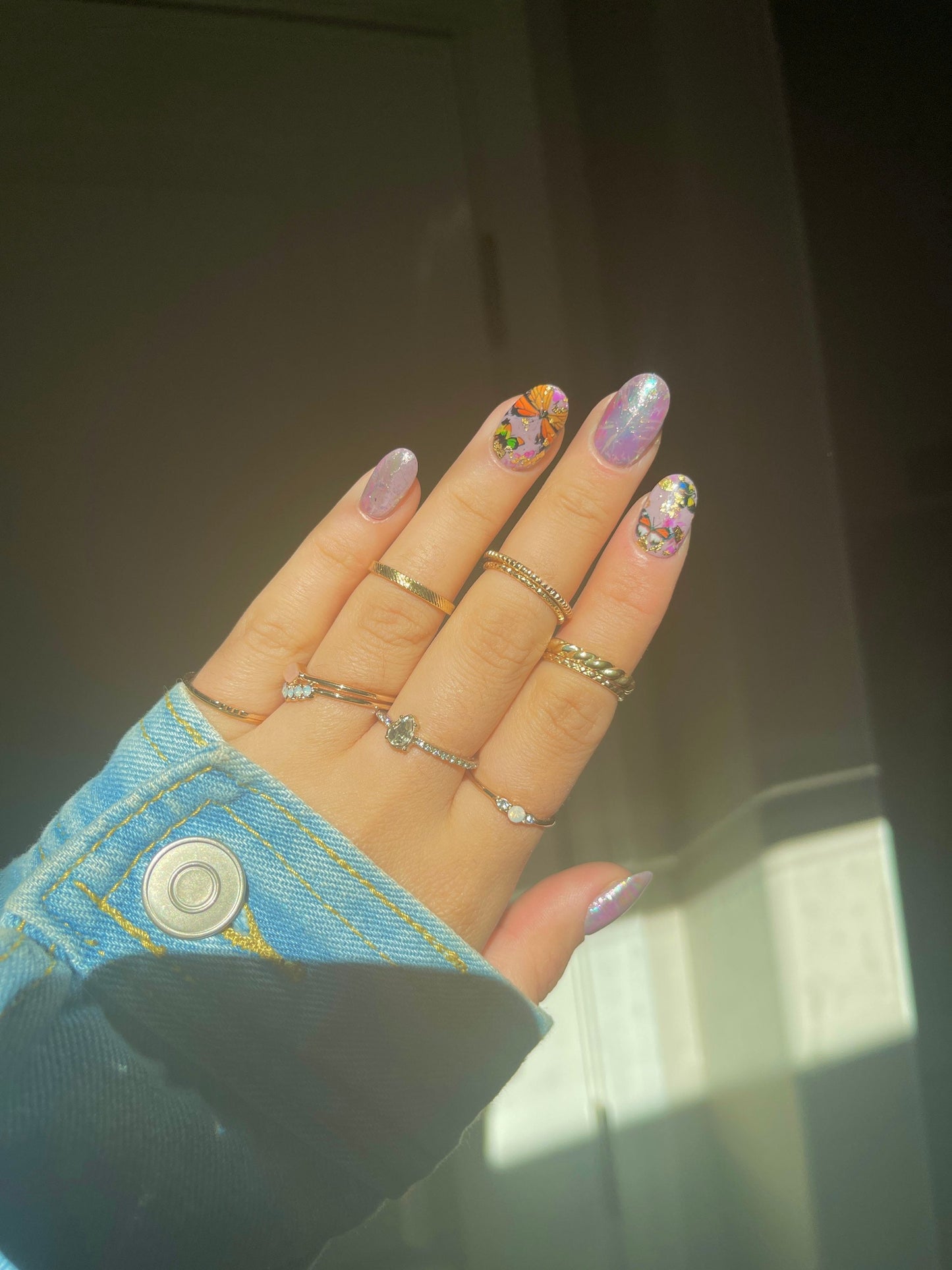 Holographic butterfly lavender press on nails