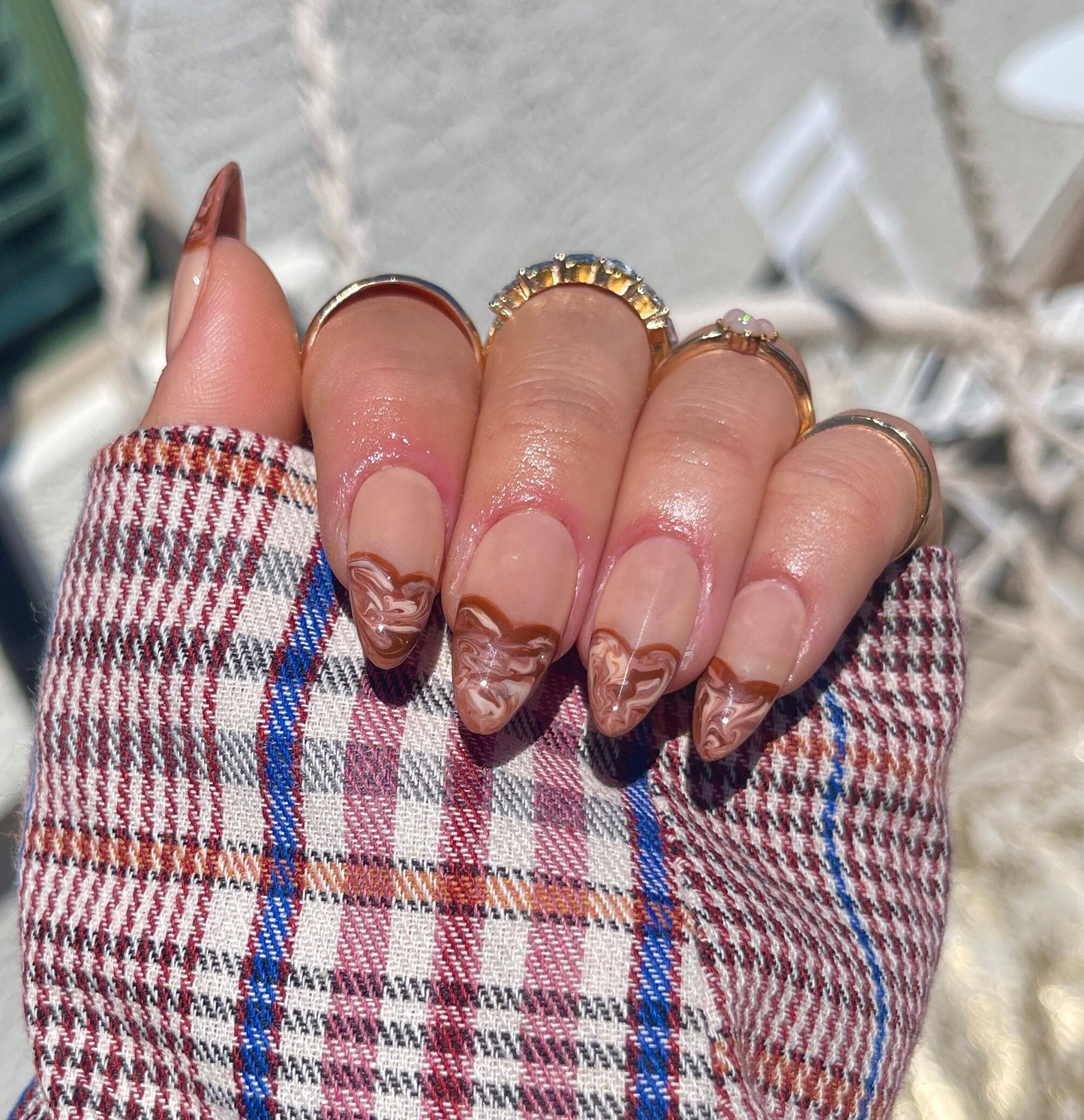 Abstract brown nude heart water marble inspired reusable press on nails