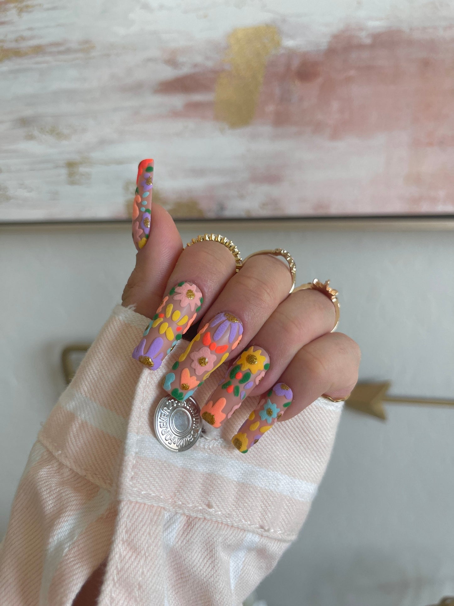 Embroidery nails textured pattern neon pastel cultural reusable press on nails