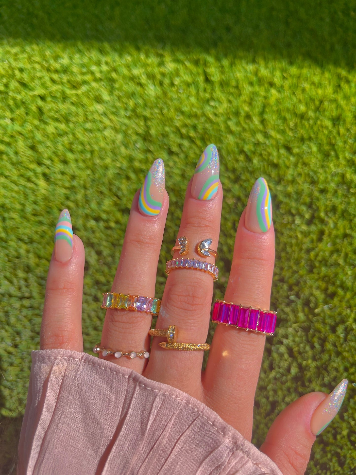 Swirly color block holographic tips abstract retro pastel neon reusable press on nails