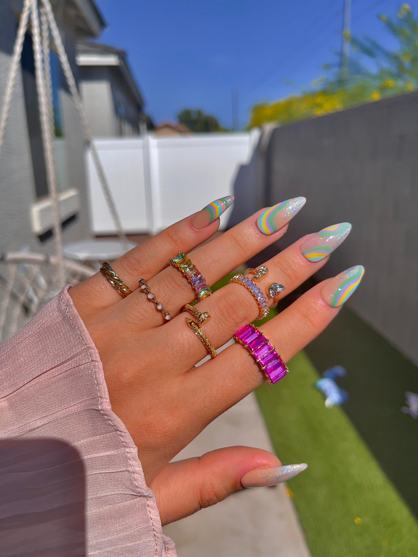 Swirly color block holographic tips abstract retro pastel neon reusable press on nails