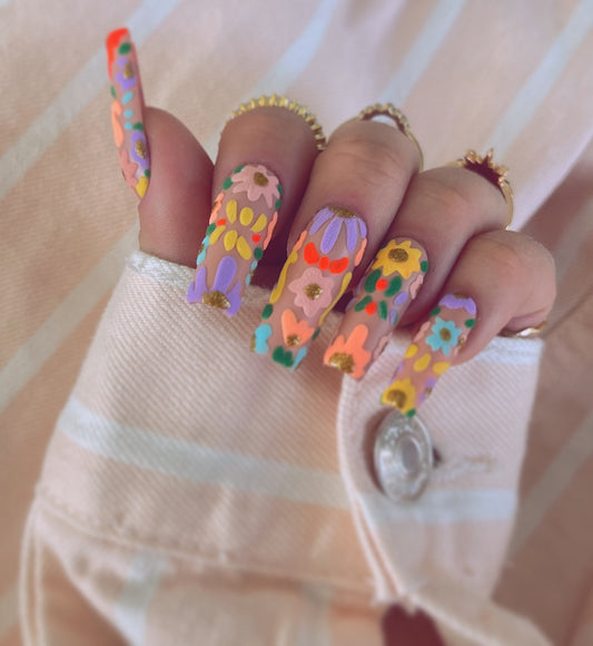 Embroidery nails textured pattern neon pastel cultural reusable press on nails