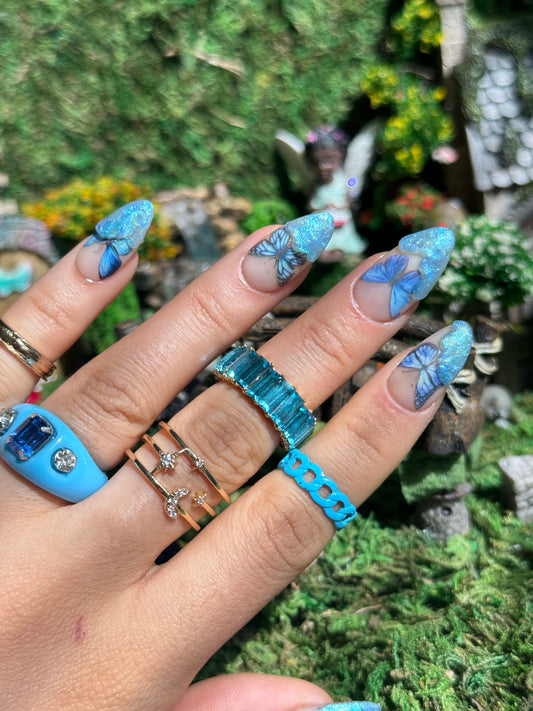 Irredescent Whimsical Holo Blue Butterfly Fairy Garden Cottagecore Inspired Reusable Press on Nails