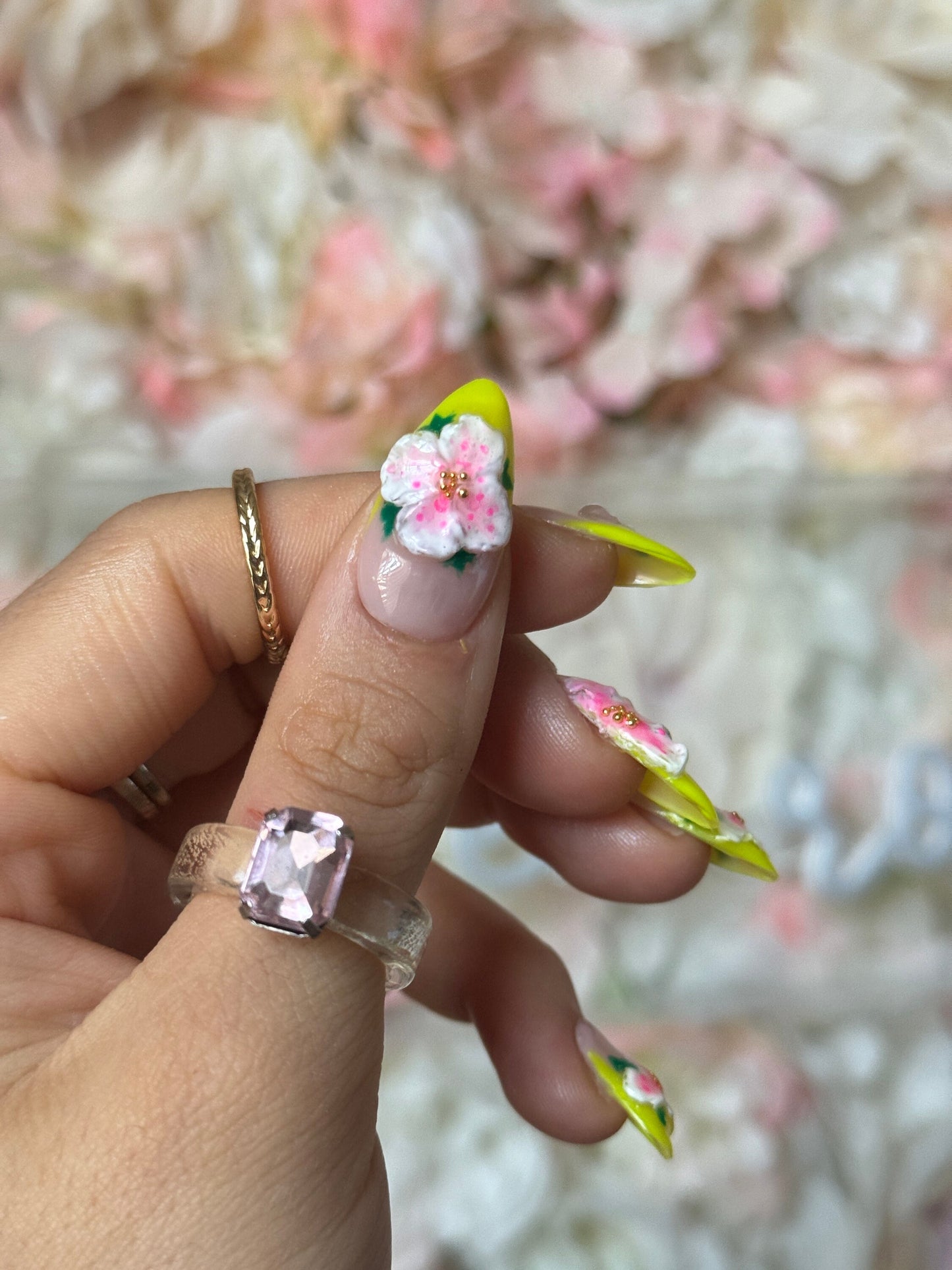 Hibiscus inspired  3D Flower Neon French-Reusable  Press on Nails