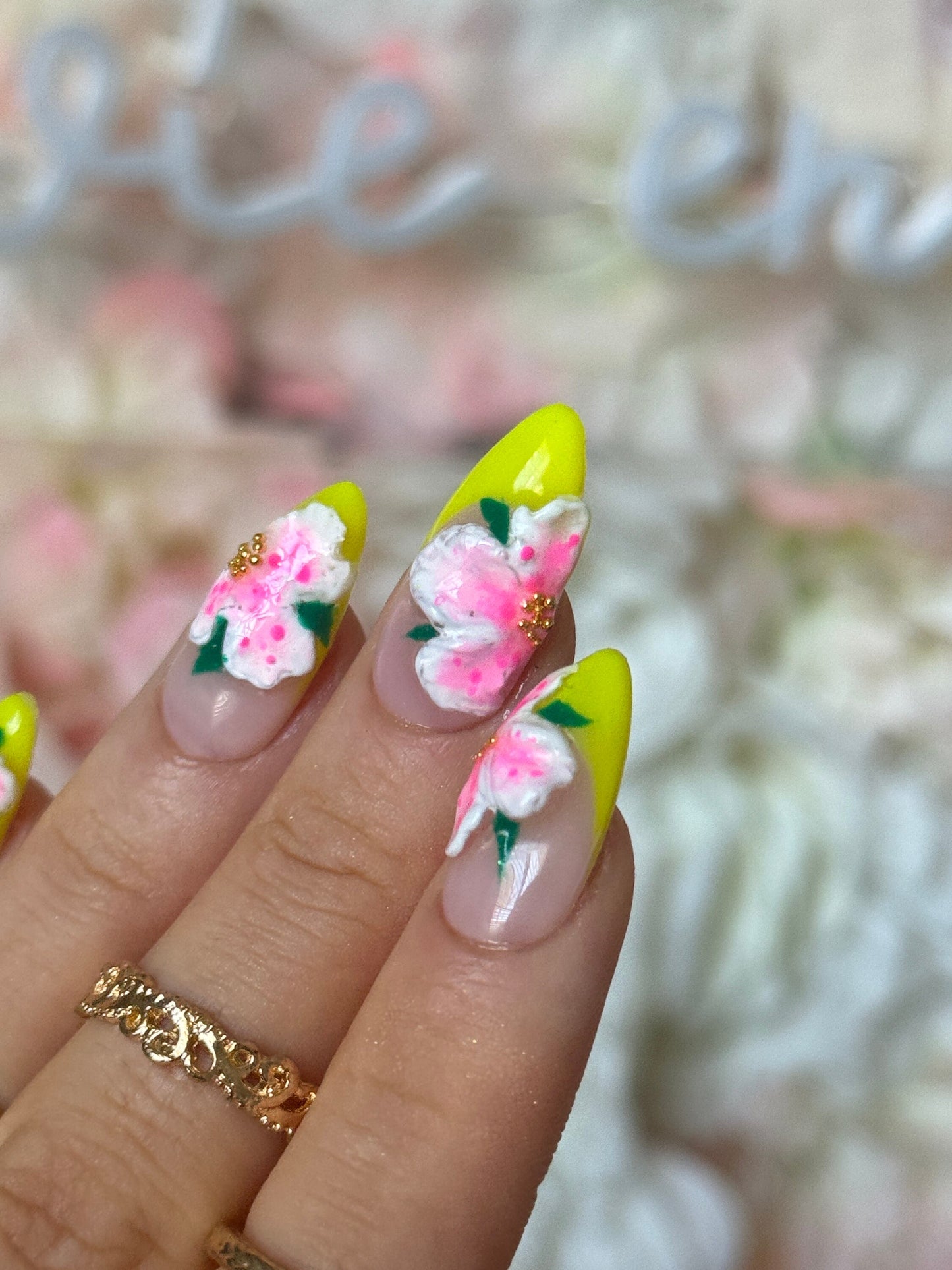 Hibiscus inspired  3D Flower Neon French-Reusable  Press on Nails