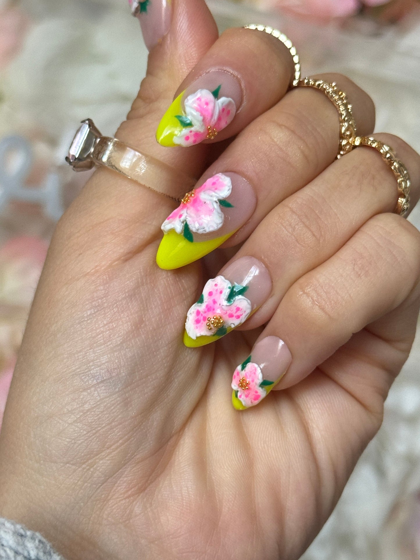 Hibiscus inspired  3D Flower Neon French-Reusable  Press on Nails