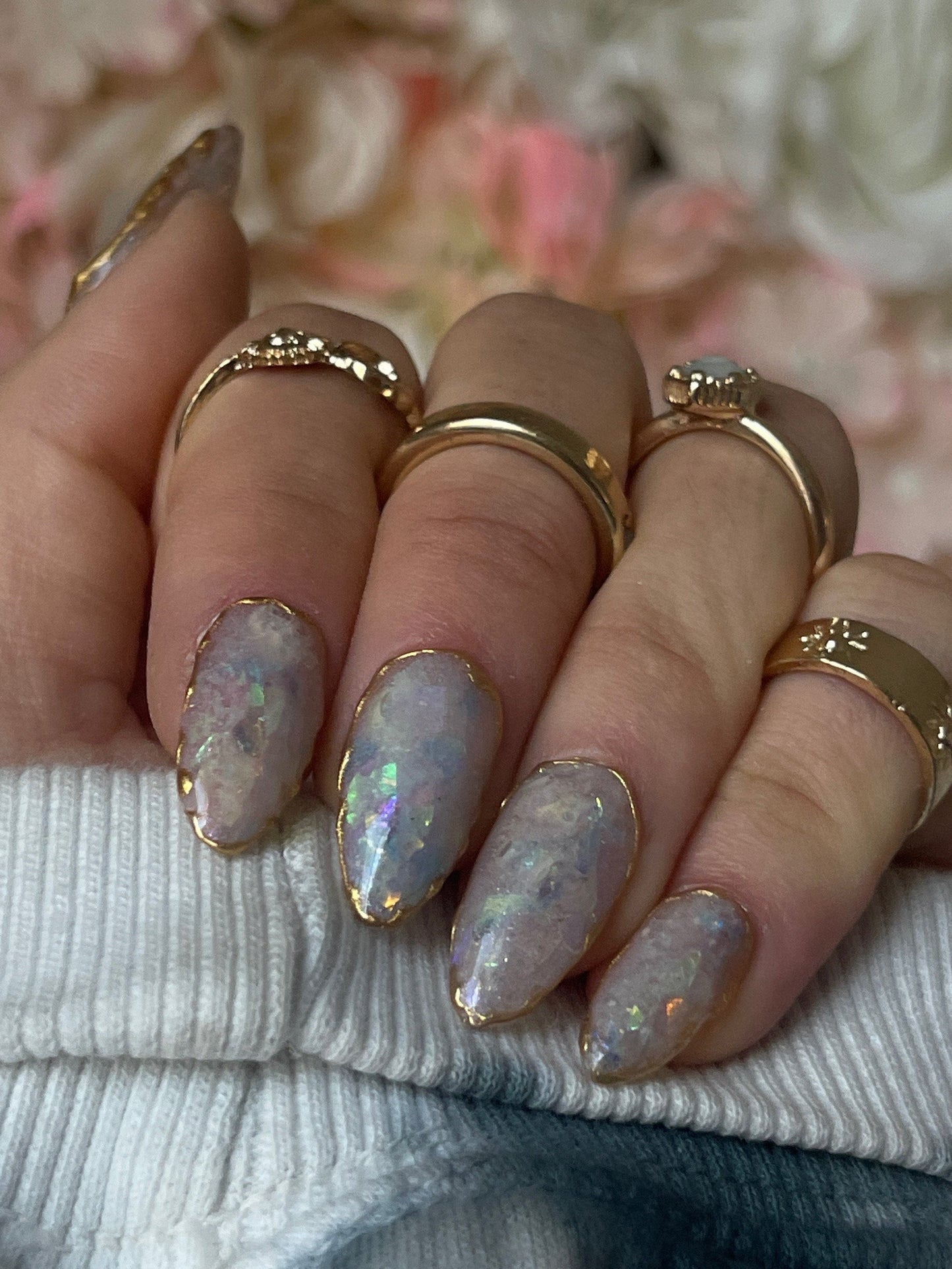 Iridescent Opal Inspired Gold Chrome Resusable Gel Press On Nails