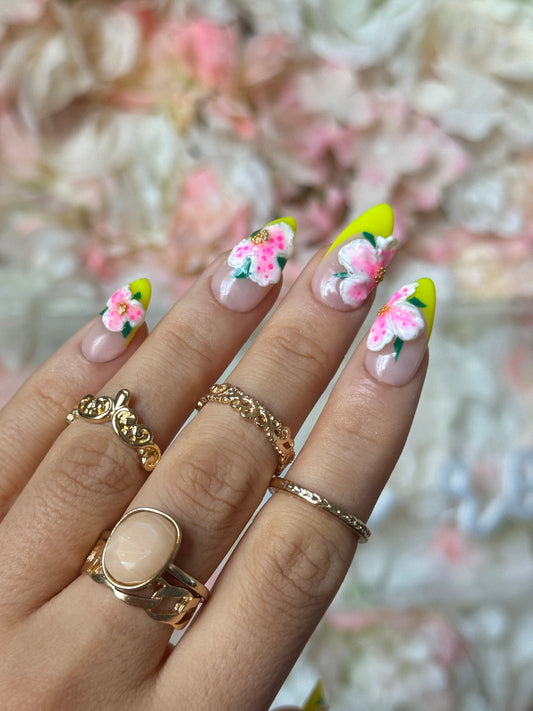 Hibiscus inspired  3D Flower Neon French-Reusable  Press on Nails