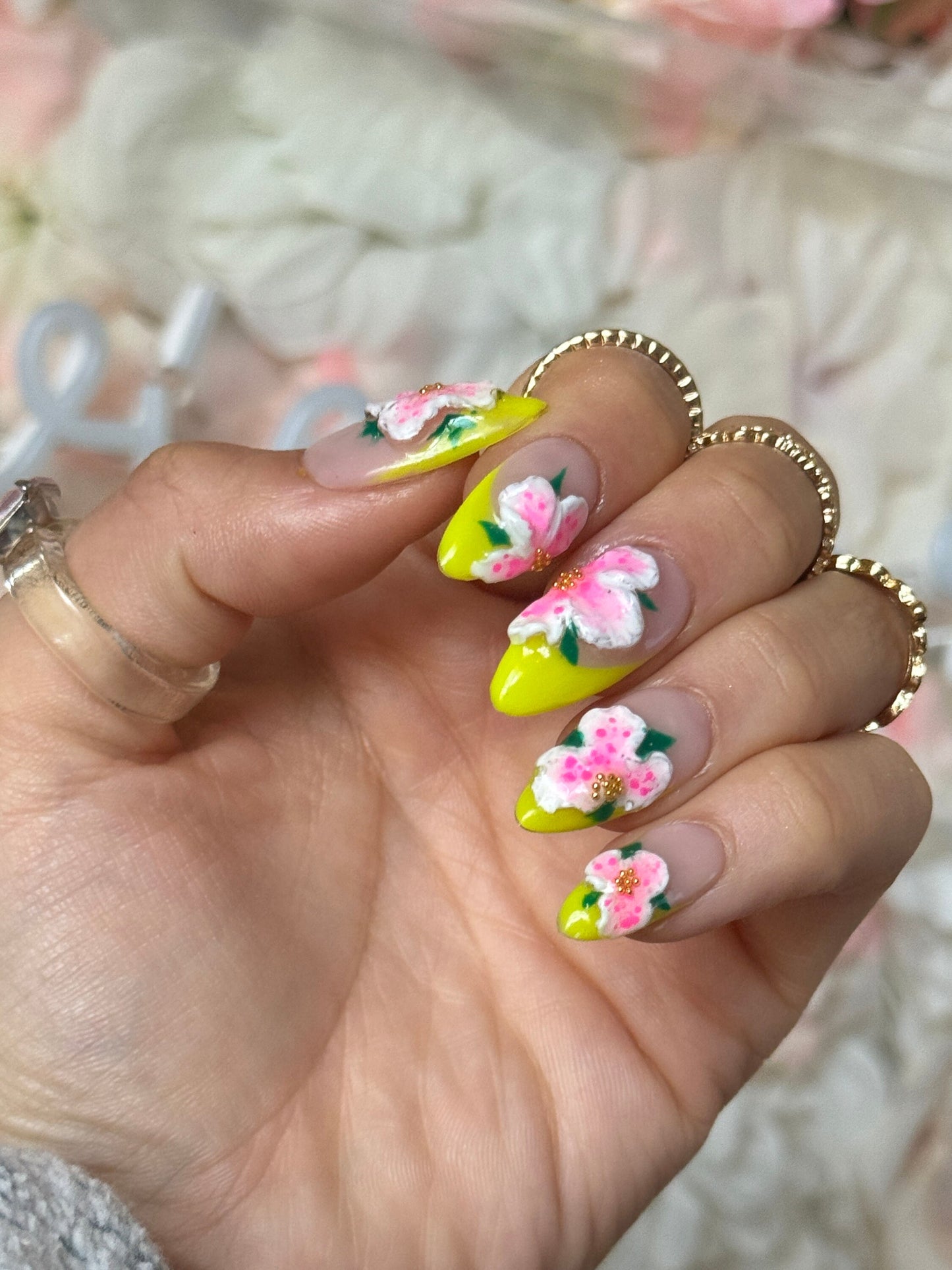 Hibiscus inspired  3D Flower Neon French-Reusable  Press on Nails