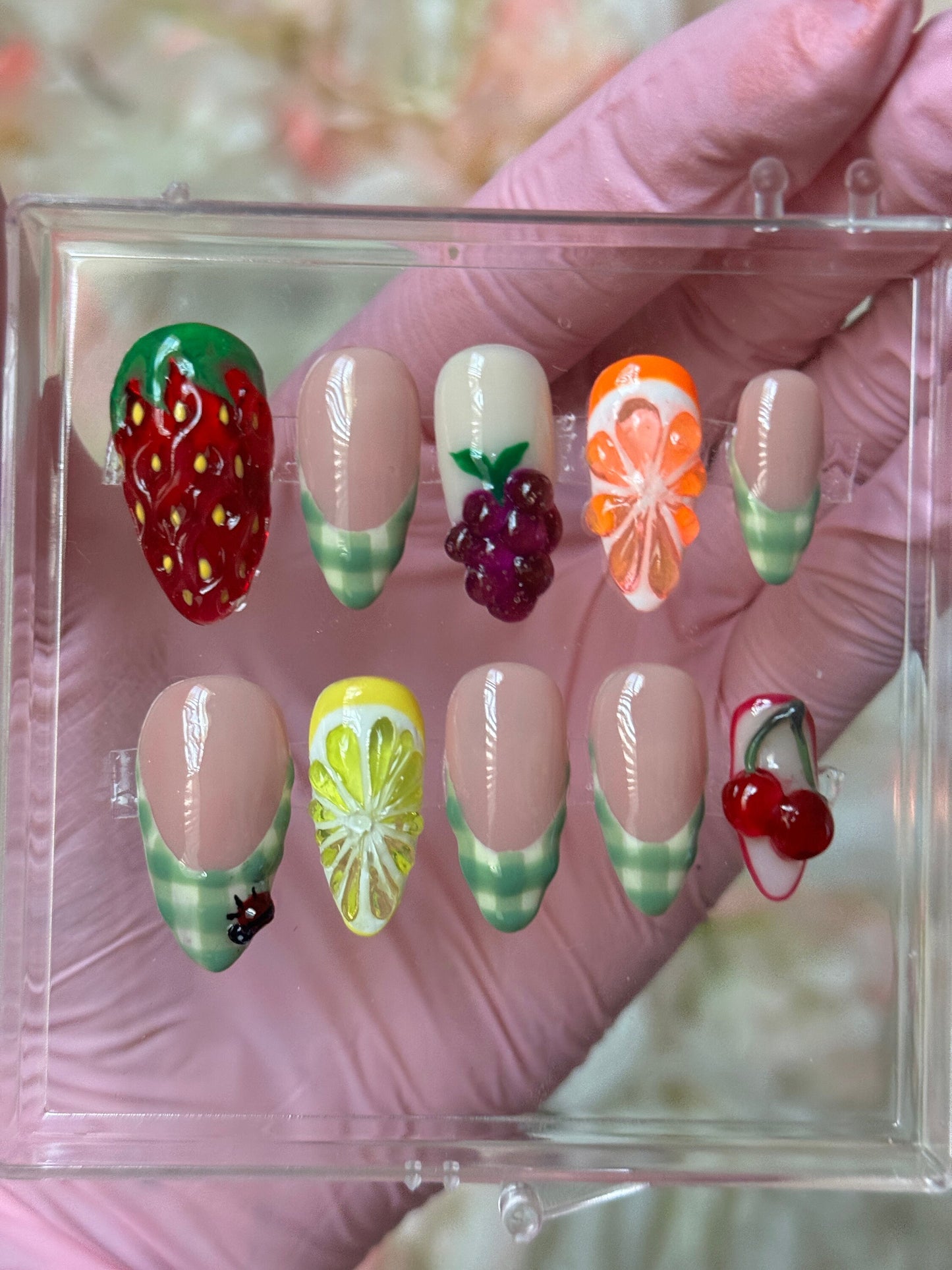 Cute 3D Fruit and Picnic Inspired -Reusable Press on Nails