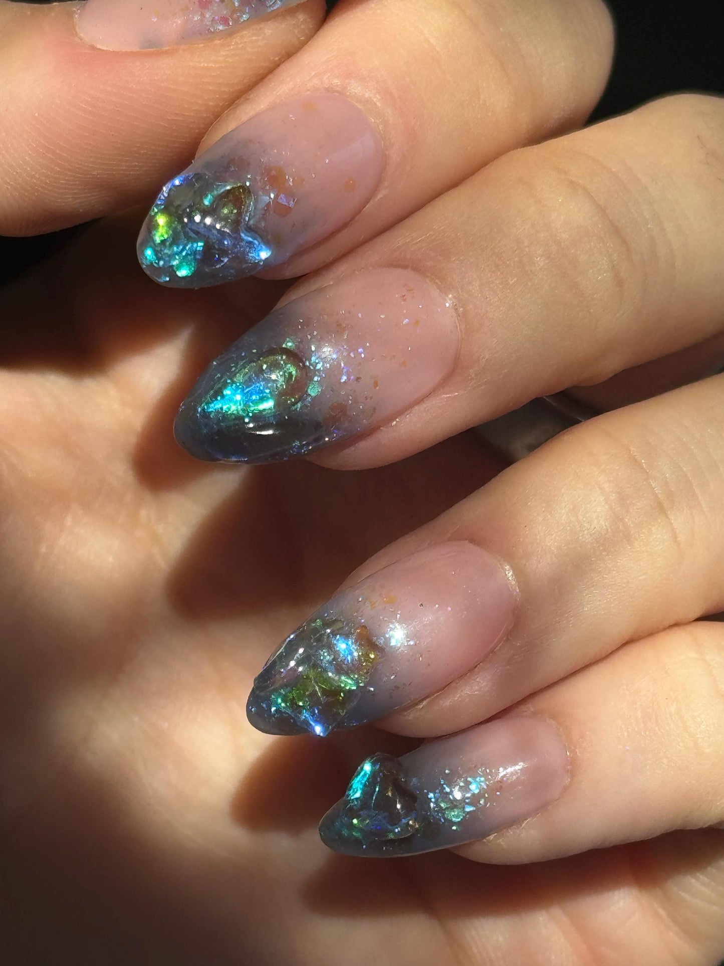 Stunning Aurora Fire and Ice Iridescent Glitter Inspired Resusable Gel Press On Nails