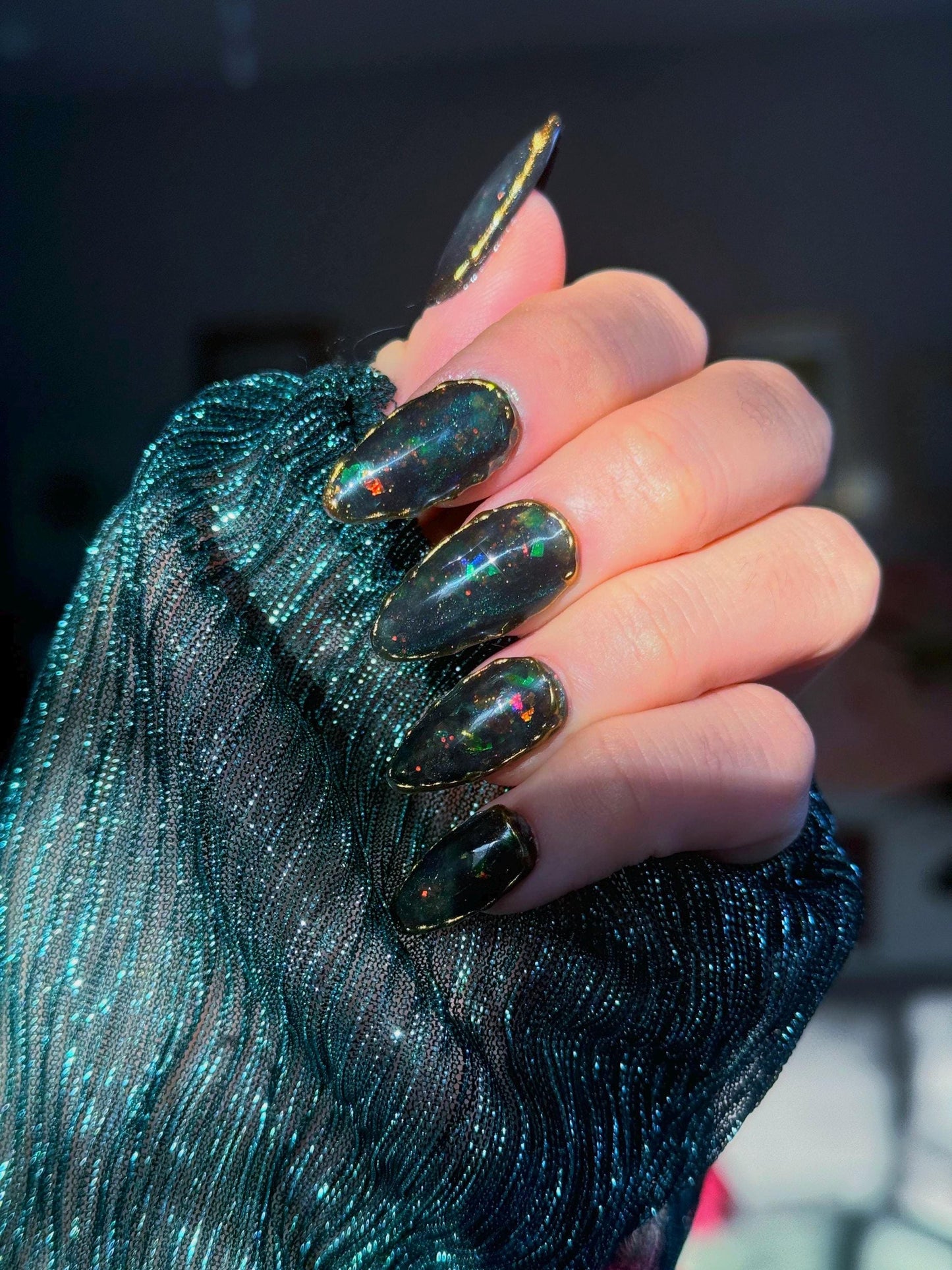 Iridescent Black Opal Inspired Gold Chrome Resusable Gel Press On Nails