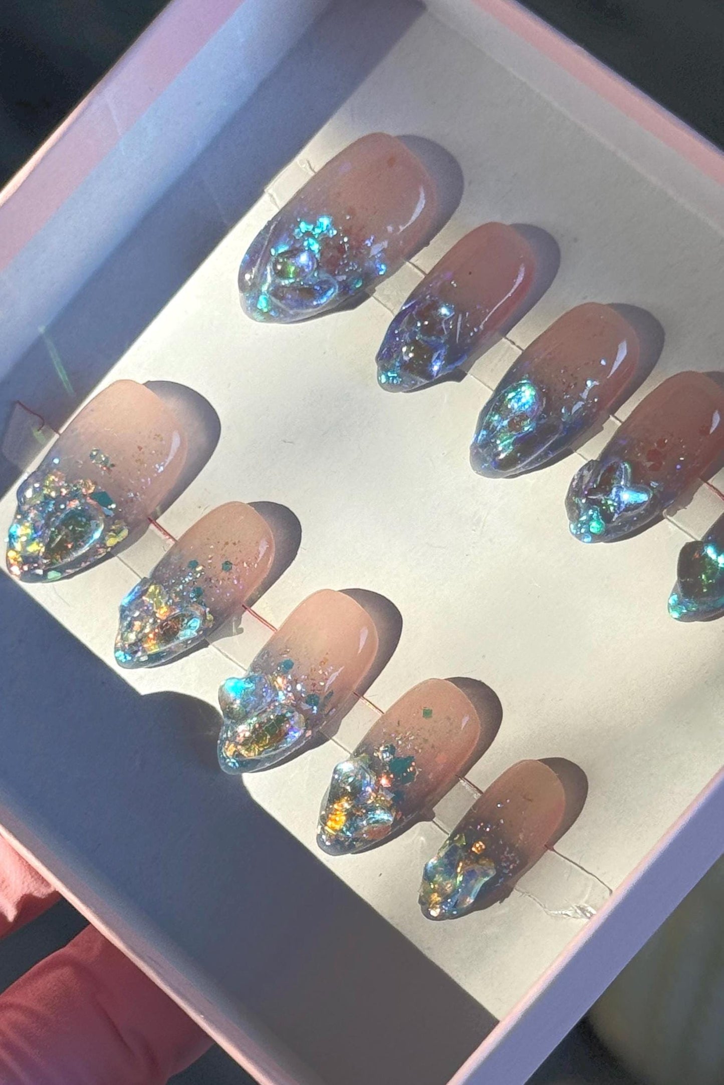 Stunning Aurora Fire and Ice Iridescent Glitter Inspired Resusable Gel Press On Nails