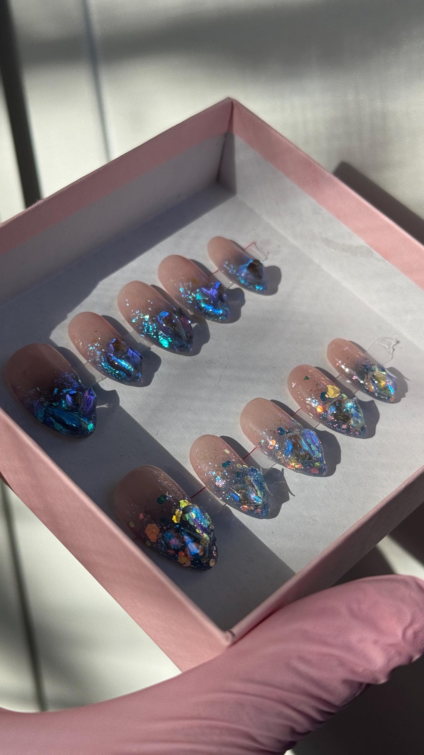 Stunning Aurora Fire and Ice Iridescent Glitter Inspired Resusable Gel Press On Nails