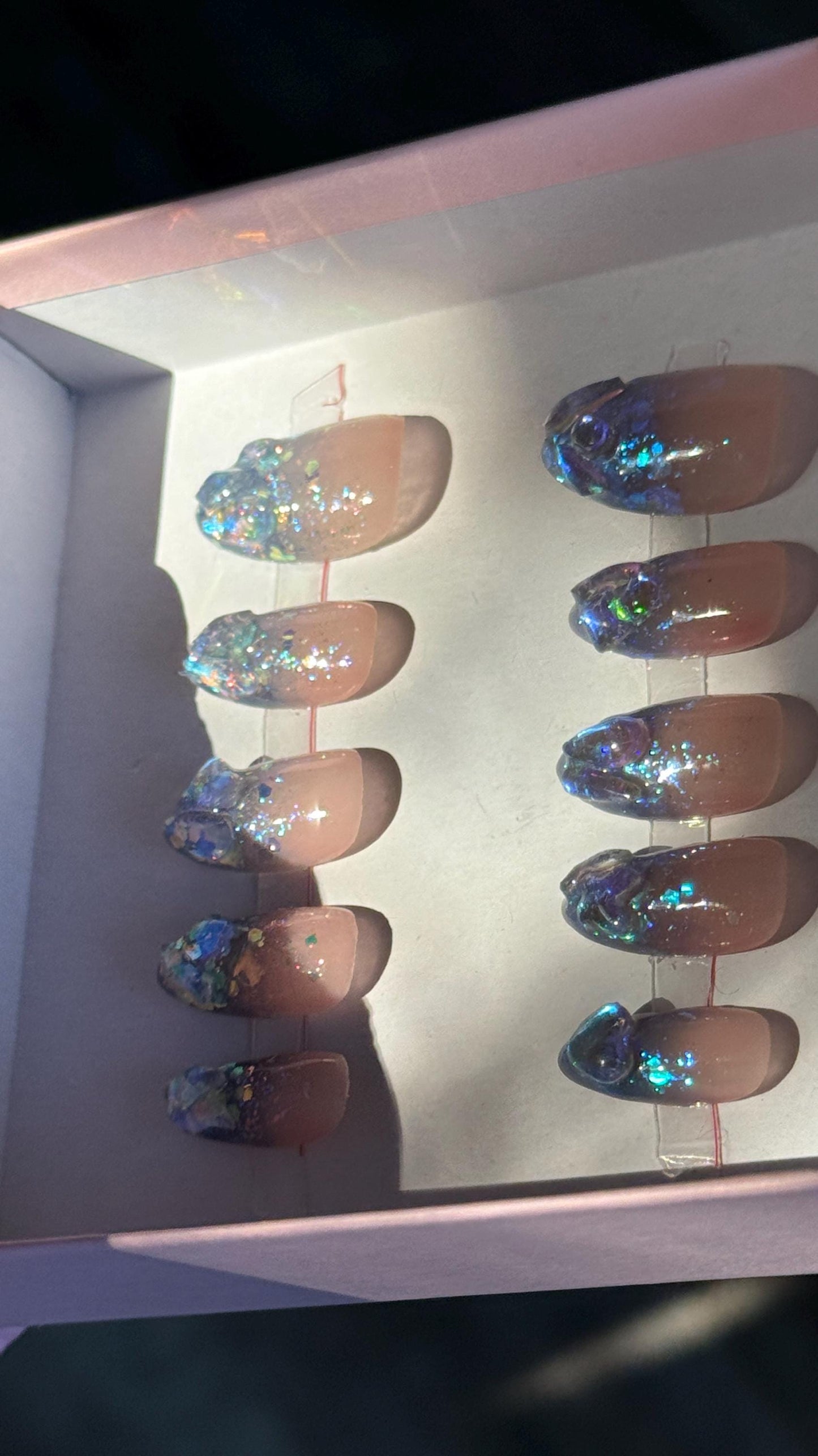 Stunning Aurora Fire and Ice Iridescent Glitter Inspired Resusable Gel Press On Nails