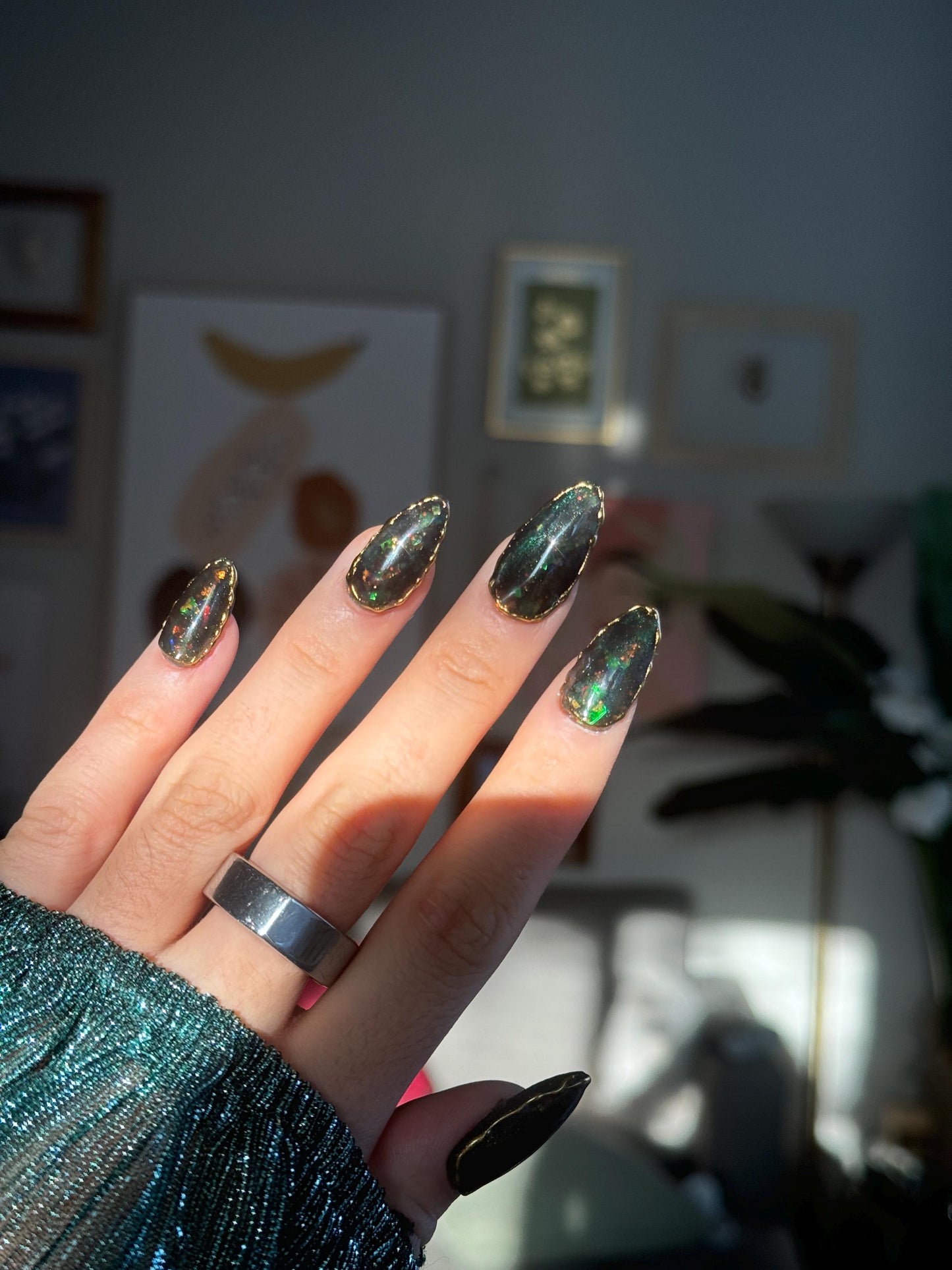 Iridescent Black Opal Inspired Gold Chrome Resusable Gel Press On Nails