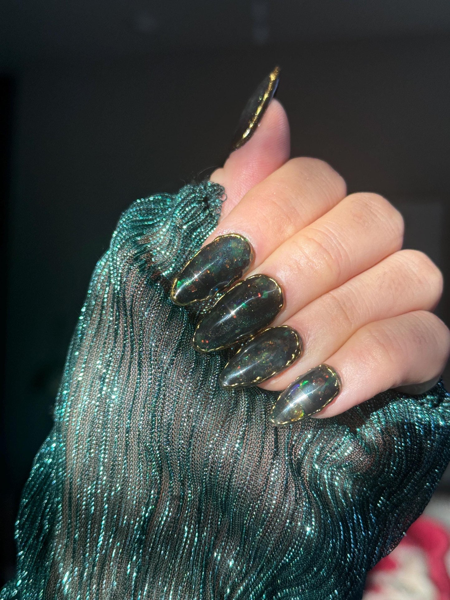 Iridescent Black Opal Inspired Gold Chrome Resusable Gel Press On Nails